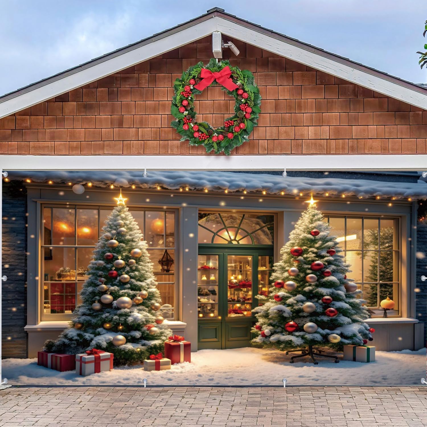 Christmas Garage Door Decorations Cover Banner Backdrop,Winter Holiday Garage Door Banner Cover,Christmas Shop Window Xmas Tree Merry Christmas Backdrop for Xmas Eve Outdoor Holiday Decorations 7x16ft