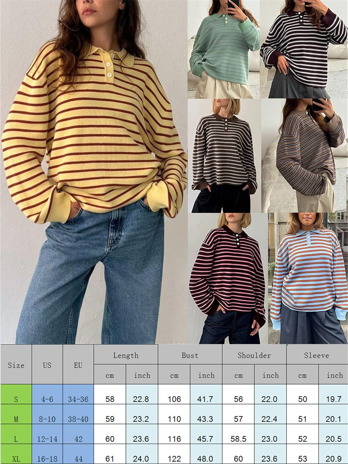 Women Oversied Stripd Rugby Shirt Y2k Long Sleeve Button Collared Preppy Polo Sweater Vintage Aesthetic Streetwear - Image 4