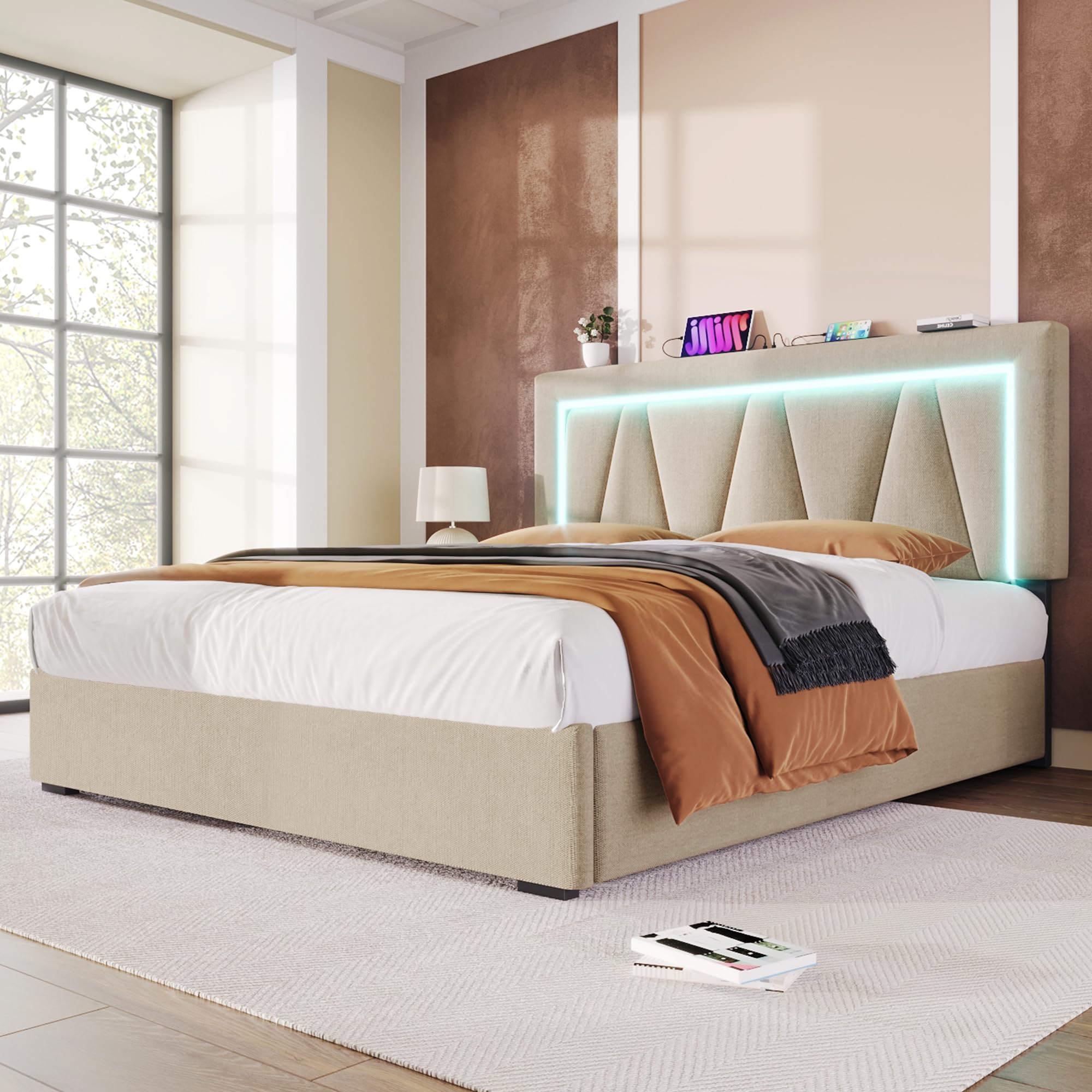 Cama Tapizada Kebnor Con Almacenamiento Y LED - 180x200cm Beige