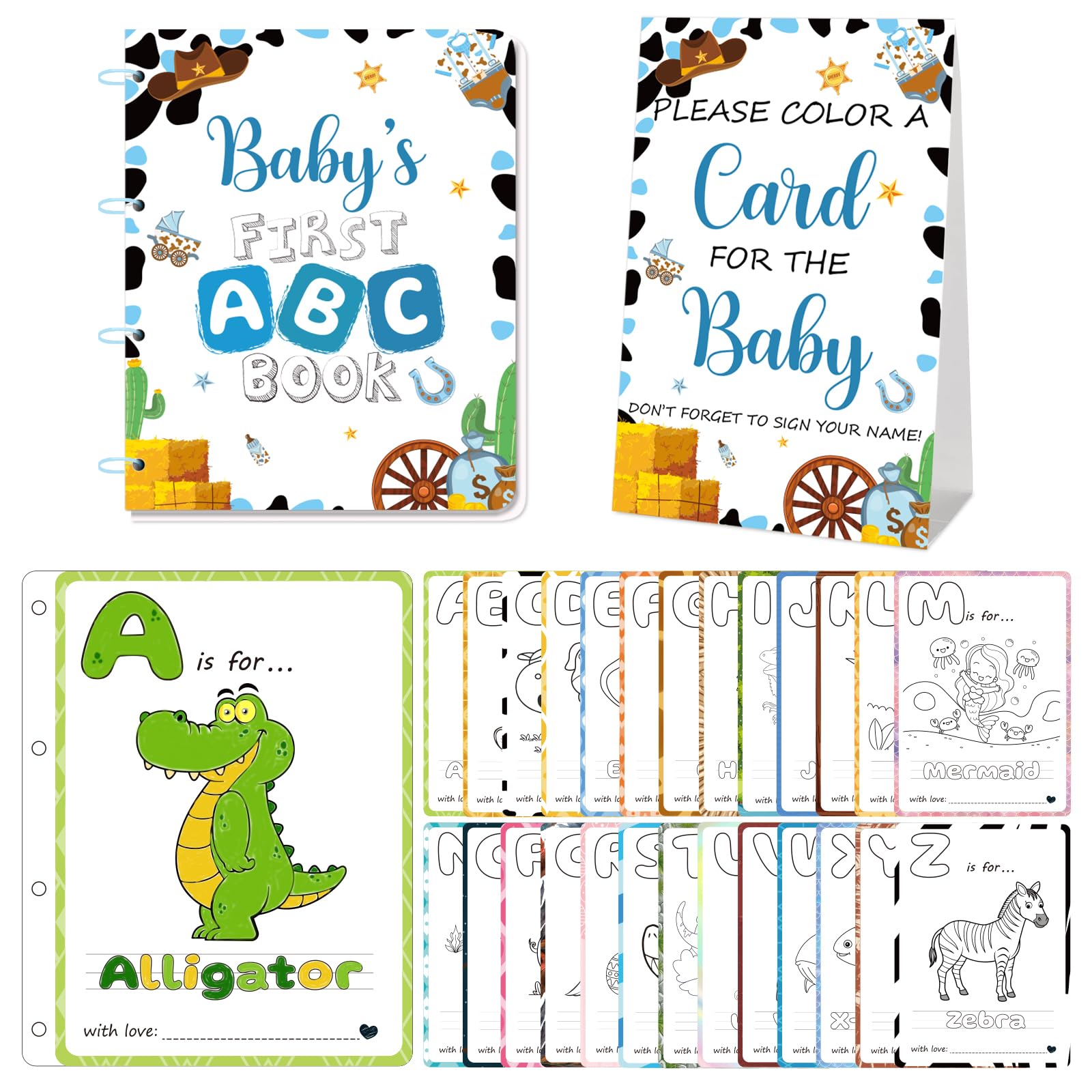 Photo 1 of Baby’s First ABC Book Baby Shower Activity & Keepsake Game, A to Z Animal Coloring Cards, Fun & Interactive Baby Shower Game for Guests, Unique Guest Book Alternative (Cowboy Theme)