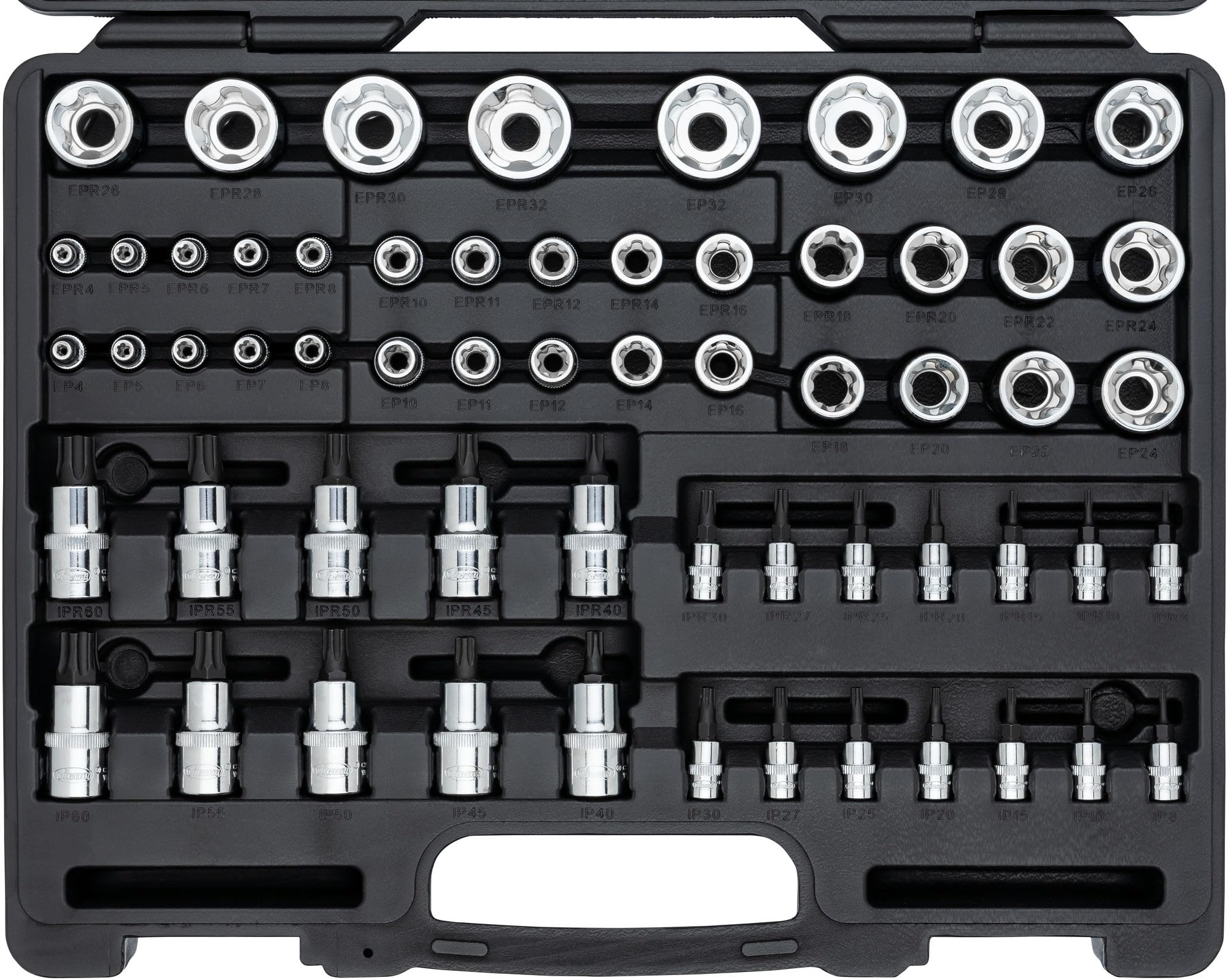 ViGOR T zestaw nasadek V7920N, 60 narzędzi, 1/4", 3/8", 1/2" kwadratowe, profil E, profil T, do BMW, VAG, MERCEDES-BENZ, AUDI, MAN, FORD, OPEL