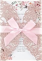 AdasBridal 50Pcs Pink Glitter Laser Cut Wedding Invitations Kit with Envelopes, RSVP Cards & Ribbons - Quinceanera, Baby Shower, Birthday