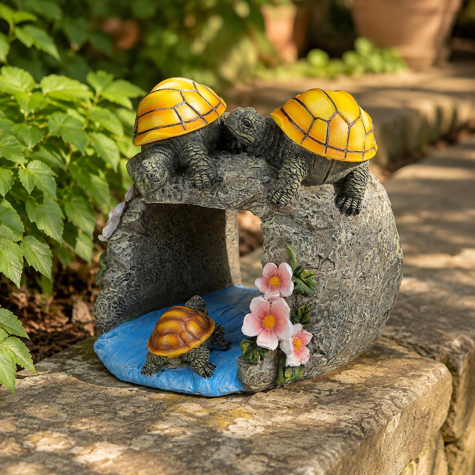 Statua a Forma di Testuggine con Luce Solare Decorativa Decorazione da Giardino con Rustico per Drenaggio Piovana, Serate All'aperto