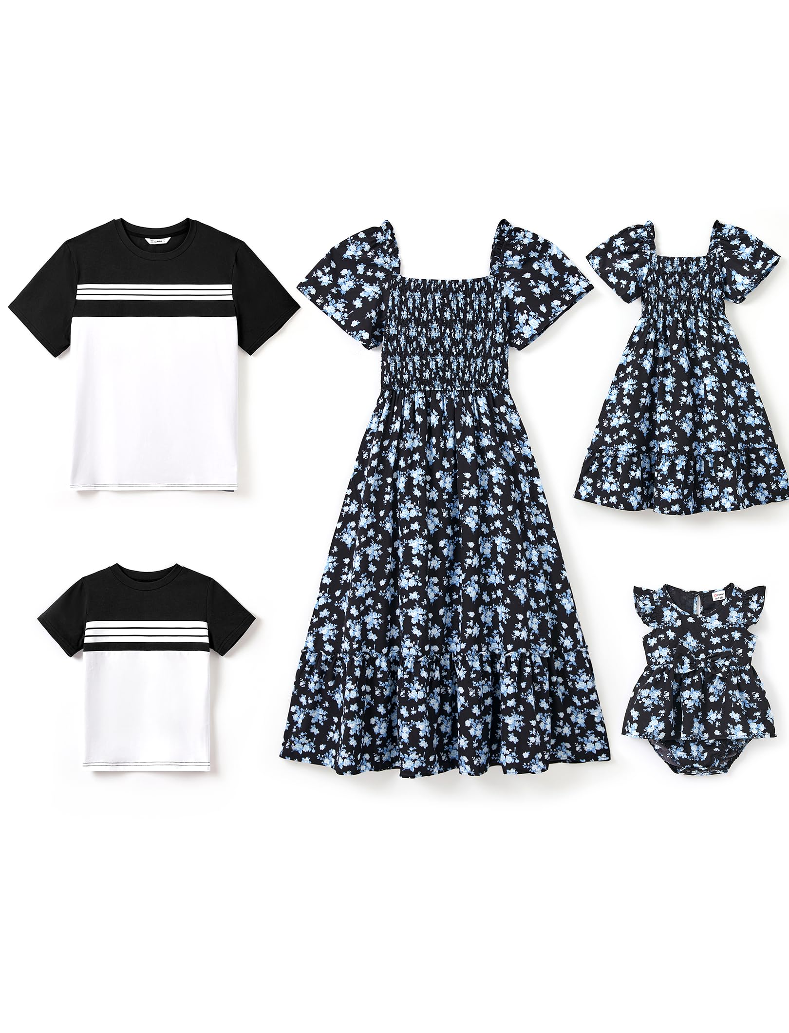 PATPAT Family Matching Outfits Boho Floral Print Square Neck Puff Sleeve Smocked Dress and Short Sleeve T-Shirts Matching Set