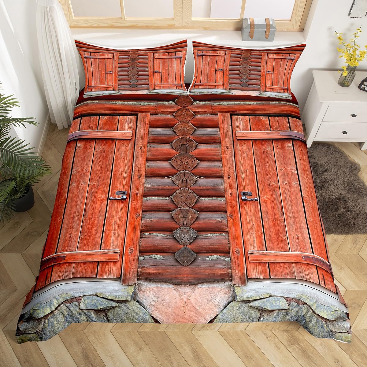 Loussiesd Wood Pattern Kids Duvet Cover Super King Size Log Cabin Bedding Set Rustic Comforter Cover for Kids Boys Girls Bedroom Wood Texture Decor Microfiber Ultra Soft Breathable — image 1