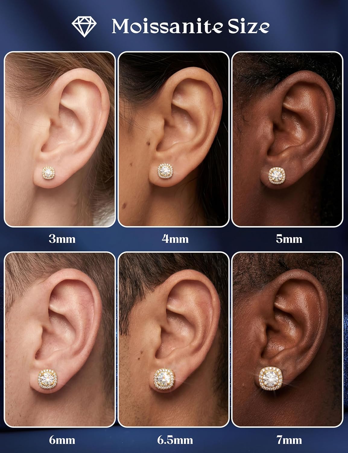 LOLIAS Moissanite Stud Earrings - Hypoallergenic Flat Back Earrings for Women Men- 925 Sterling Silver Halo Square Stud Earring - 14K White Gold Plated Brilliant D Color VVS1 Moissanite Jewelry