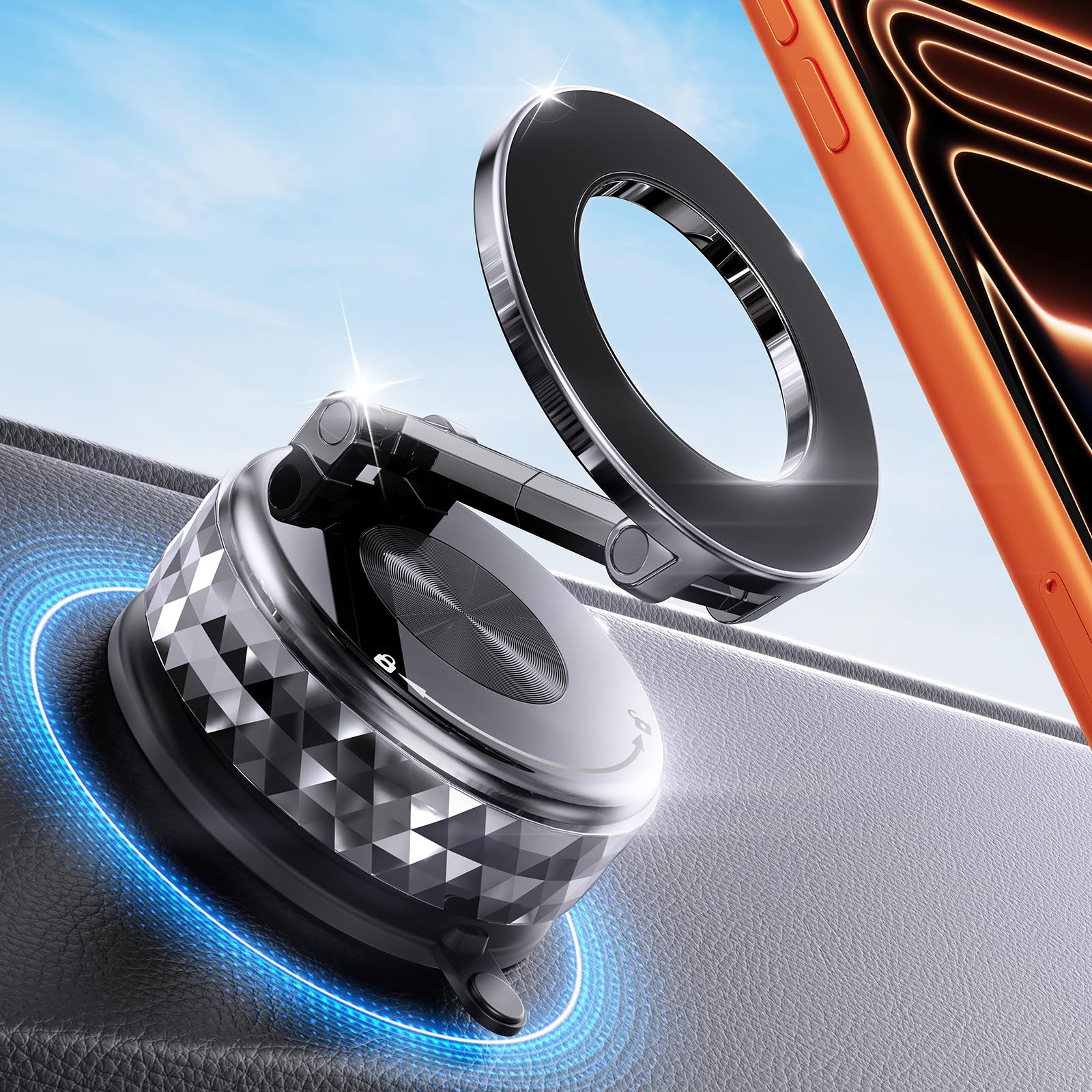 Meifigno Fits 360 ° Rotating Magsafe Car Mount for Tesla, [All-Metal & Upgraded Suction],Vacuum Magnetic Phone Holders for Your Car, Tesla Screen/Windshield/Dashboard Mount for iPhone Android