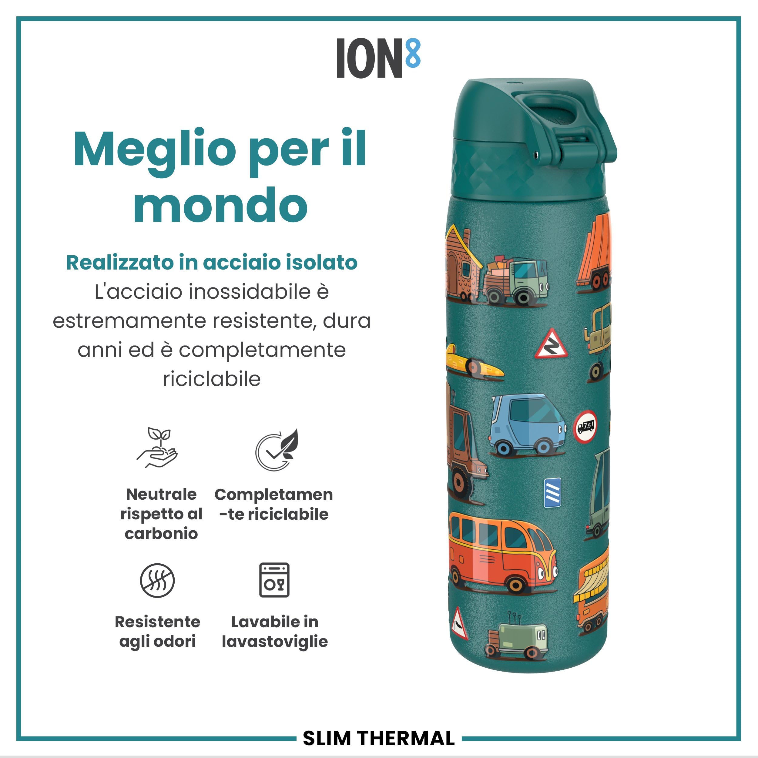 Ion8 Borraccia Termica in Acciaio Isolato, 500ml, a Prova di Perdite, Facile da Aprire, Serratura Sicura, Lavabile in Lavastoviglie, Maniglia per il Trasporto, Facile Pulizia, Durevole,Automobili