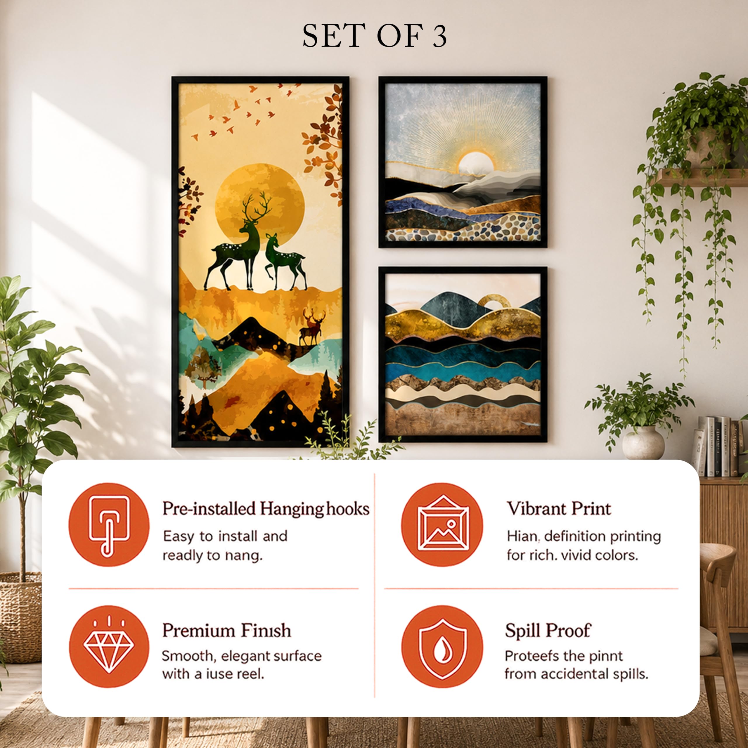 Landscape Deer Art Prints - Set of 3 Framed Wall Decor -3