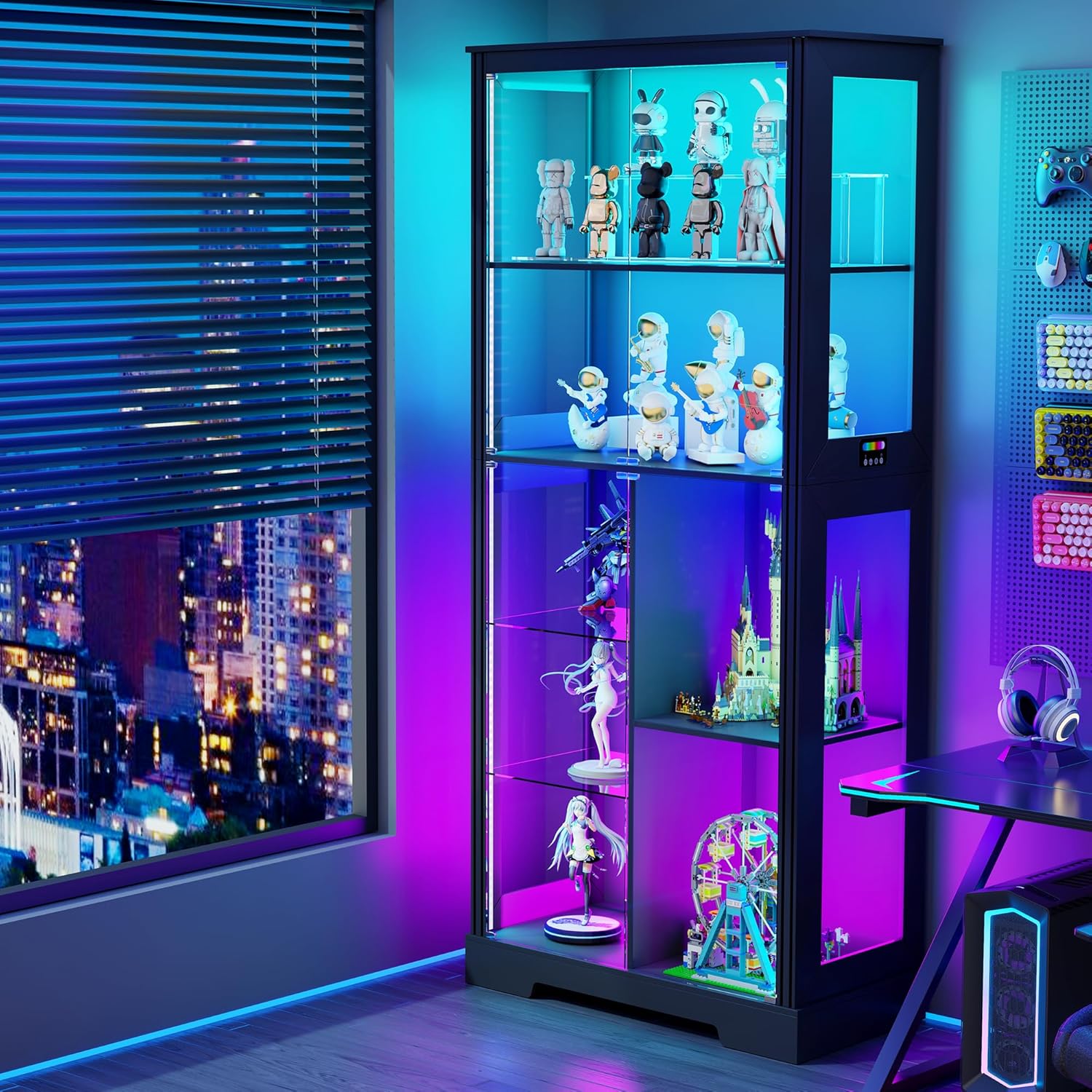 71” Glass Display Cabinet with RGB Light - Curio Cabinet with Glass Doors for Collectibles, 7-Tiers Tall Display Case with Human Sensor, Showcase with Removable Shelves for Figures, Lego (Black)