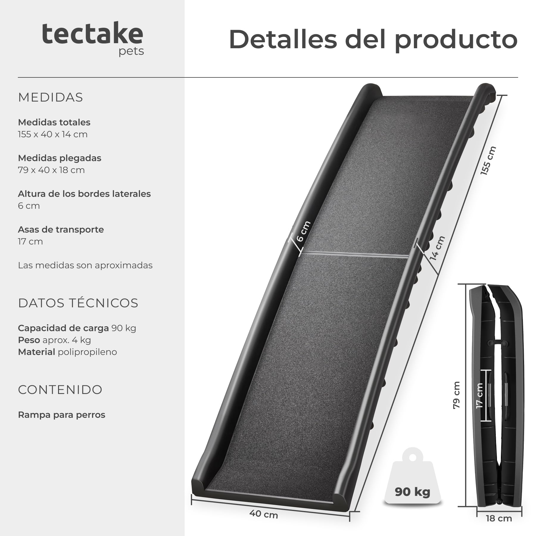 tectake® Rampa para Perros Plegable y Antidelizante, Rampa de Coche para Perros hasta 90kg, con Correas para Transporte y Carriles Guía, Resistente, para Cama y Sofá, Escalera para Perros, 155x40x14cm