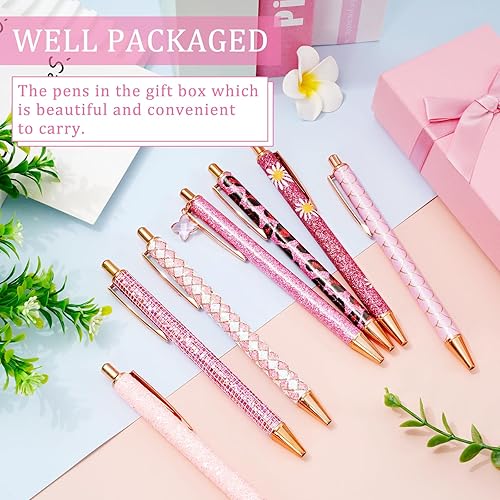 Miniatura 6 de Whaline 7 bolígrafos retráctiles con purpurina brillante, bolígrafos retráctiles de metal rosa con caja de regalo, bolígrafos de tinta negra para