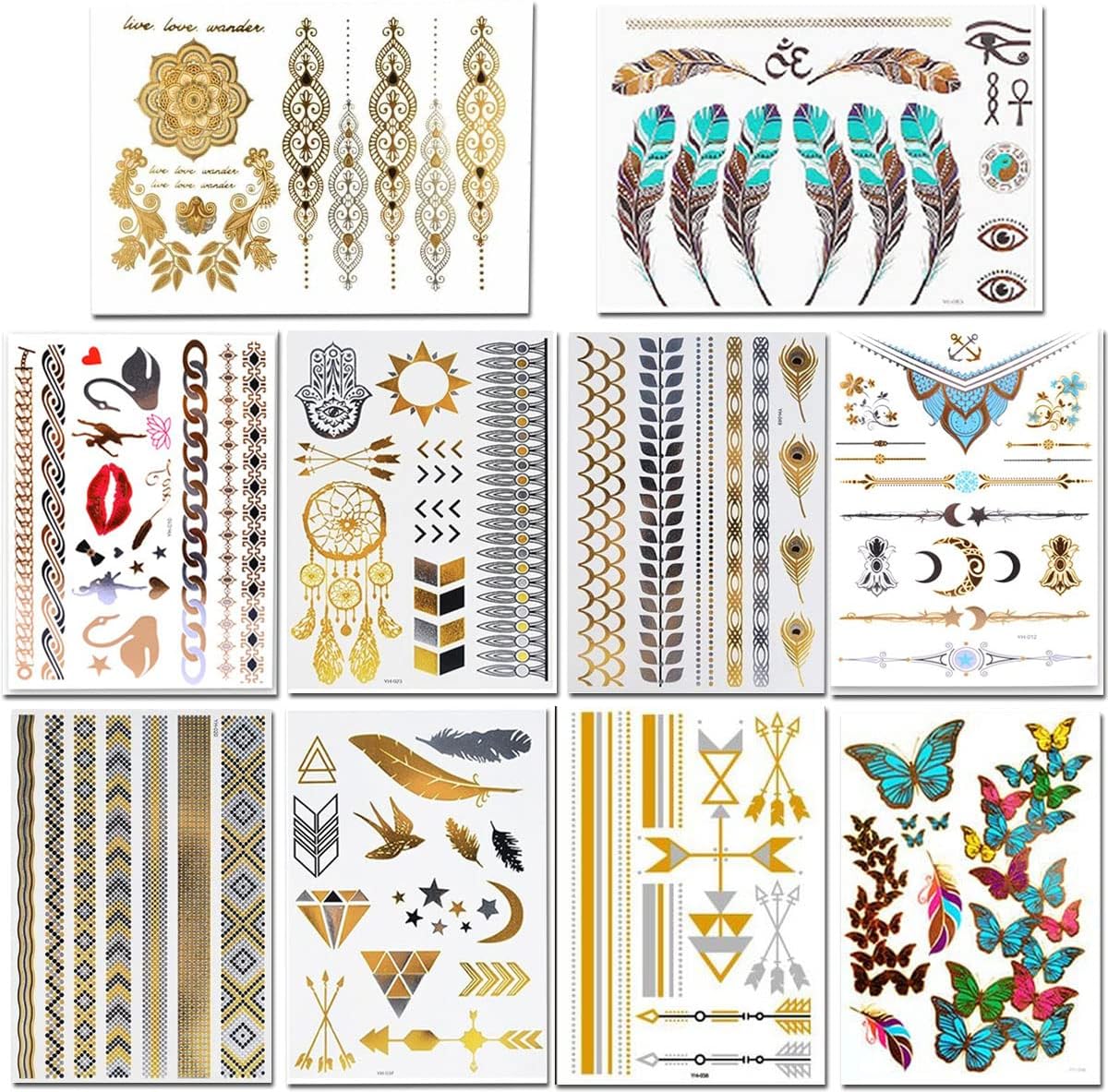 Metallic Temporary Tattoos 10 Sheets, 200 Designs Gold Silver Fake Jewelry Tattoos Body Art Sticker Cover Up Set for Adult Girl Women Teens Kids