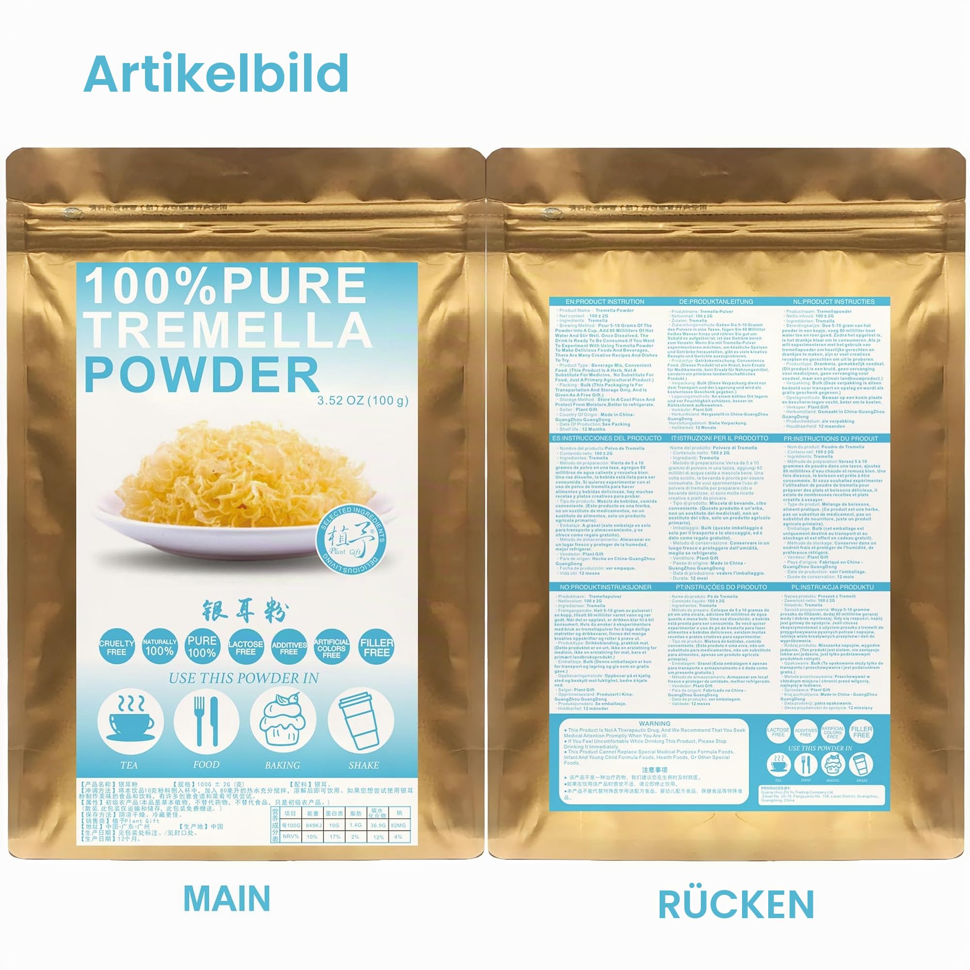 Plant Gift 100% Pure Tremella Powder 银耳粉 Natürliches Tremella Mehl, Großes Aroma für Getränke, Smoothie, Joghurt, Backen, Kekse, Kuchen und Getränke, Nicht-GVO Pulver, Kein Füllstoff 100G/3.25oz