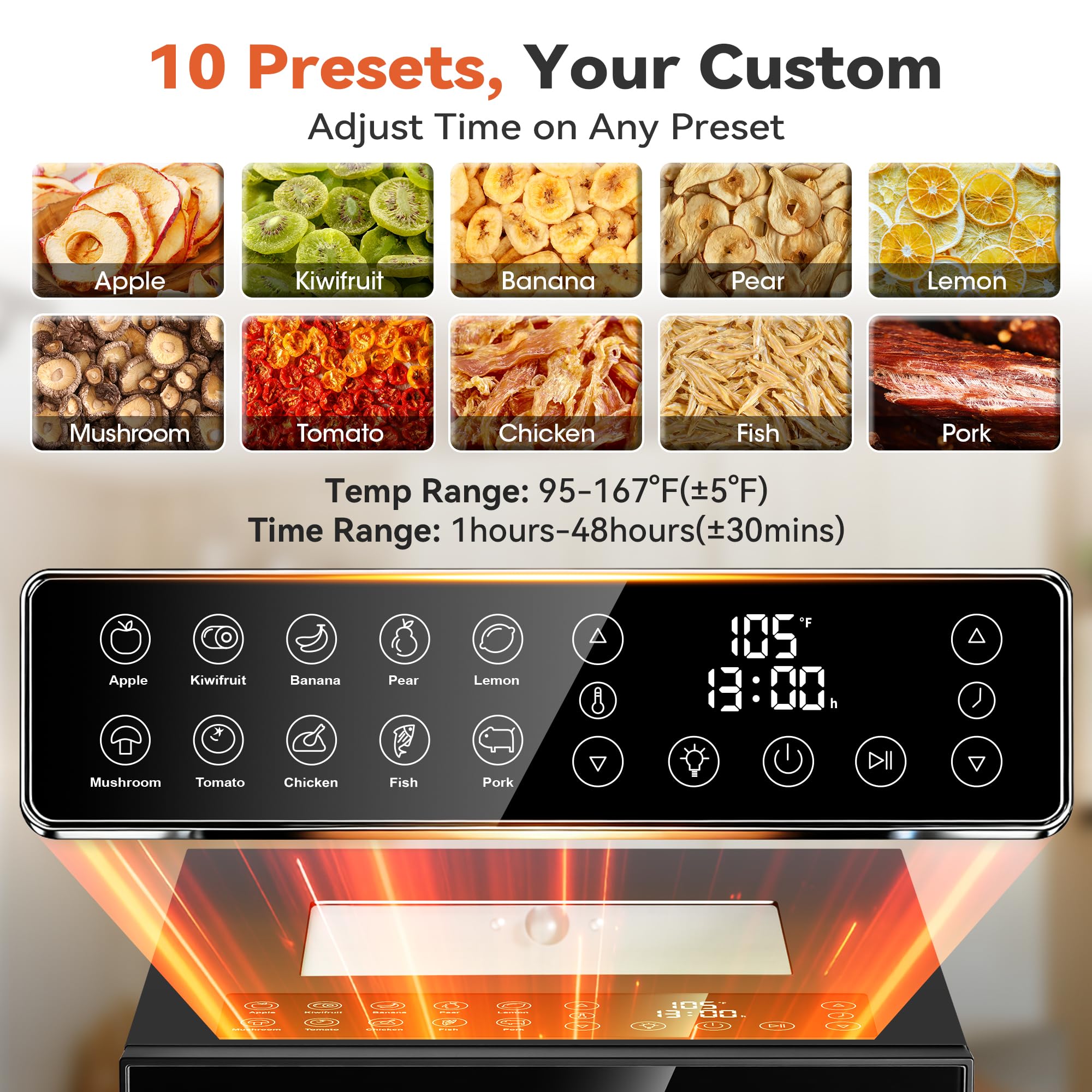 Manastin - Máquina deshidratadora de alimentos, 10 bandejas de acero inoxidable, secadora de 850 W para carne ceca, frutas, verduras, yogur y golosinas para perros, secador deshidratado de 100 a 165 °