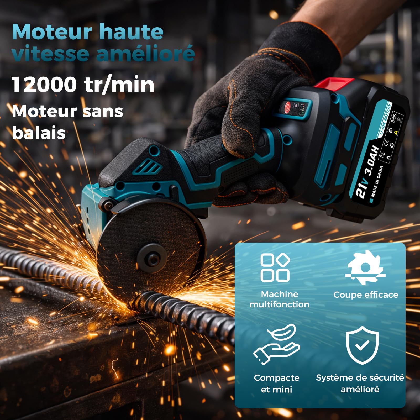 Bostar Mini Scie Circulaire & Meuleuse d'Angle sans Fil 76mm - Moteur Brushless, 2 Vitesses (8000-12000 tr/min), Coupe 0-20mm (90° Fixe), 2x Batteries 3.0Ah, Compatible avec Makita 18V LXT
