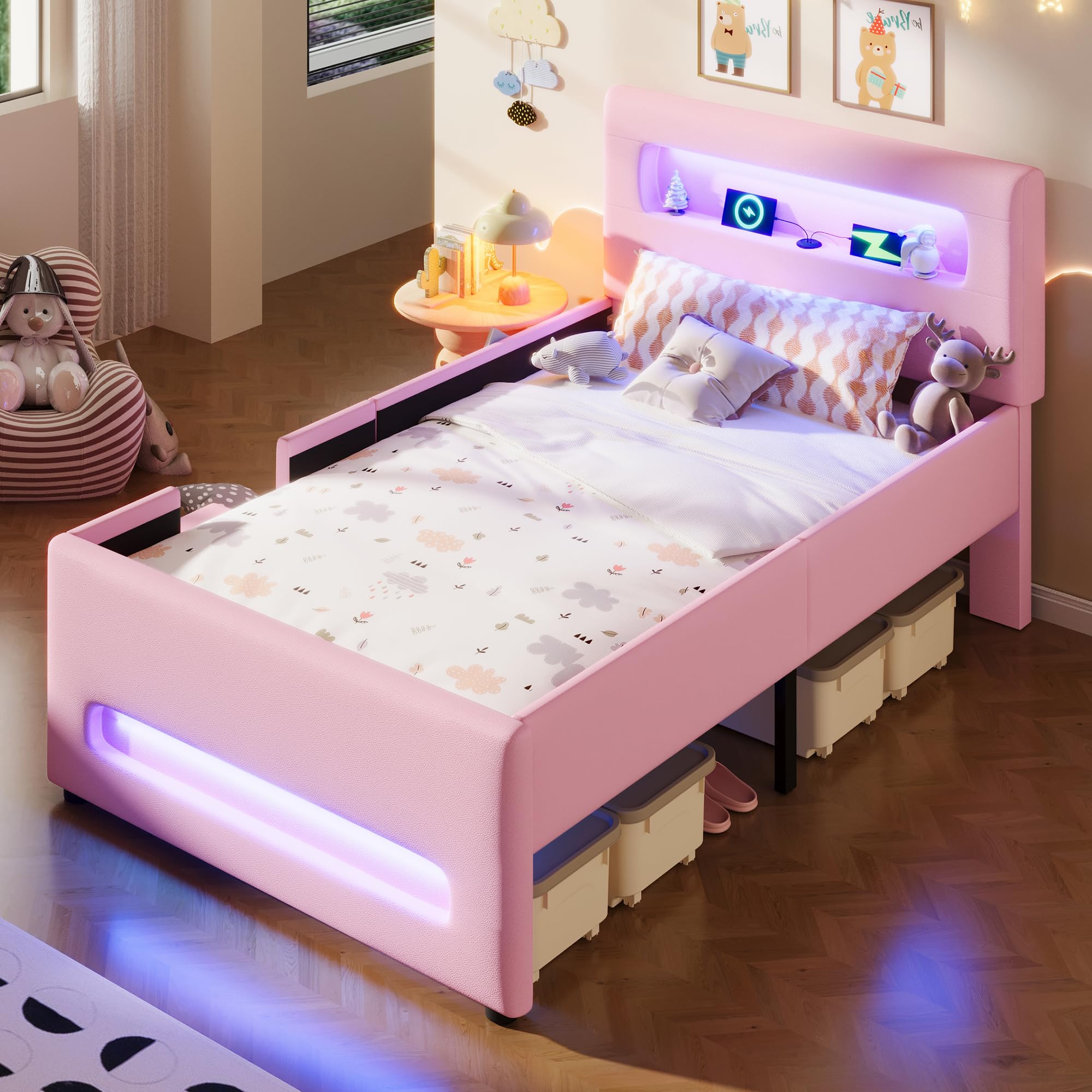 Letto a piattaforma imbottito (90 x 200 cm) con scale, cassetti, strisce luminose a LED e tasche portaoggetti (rosa)