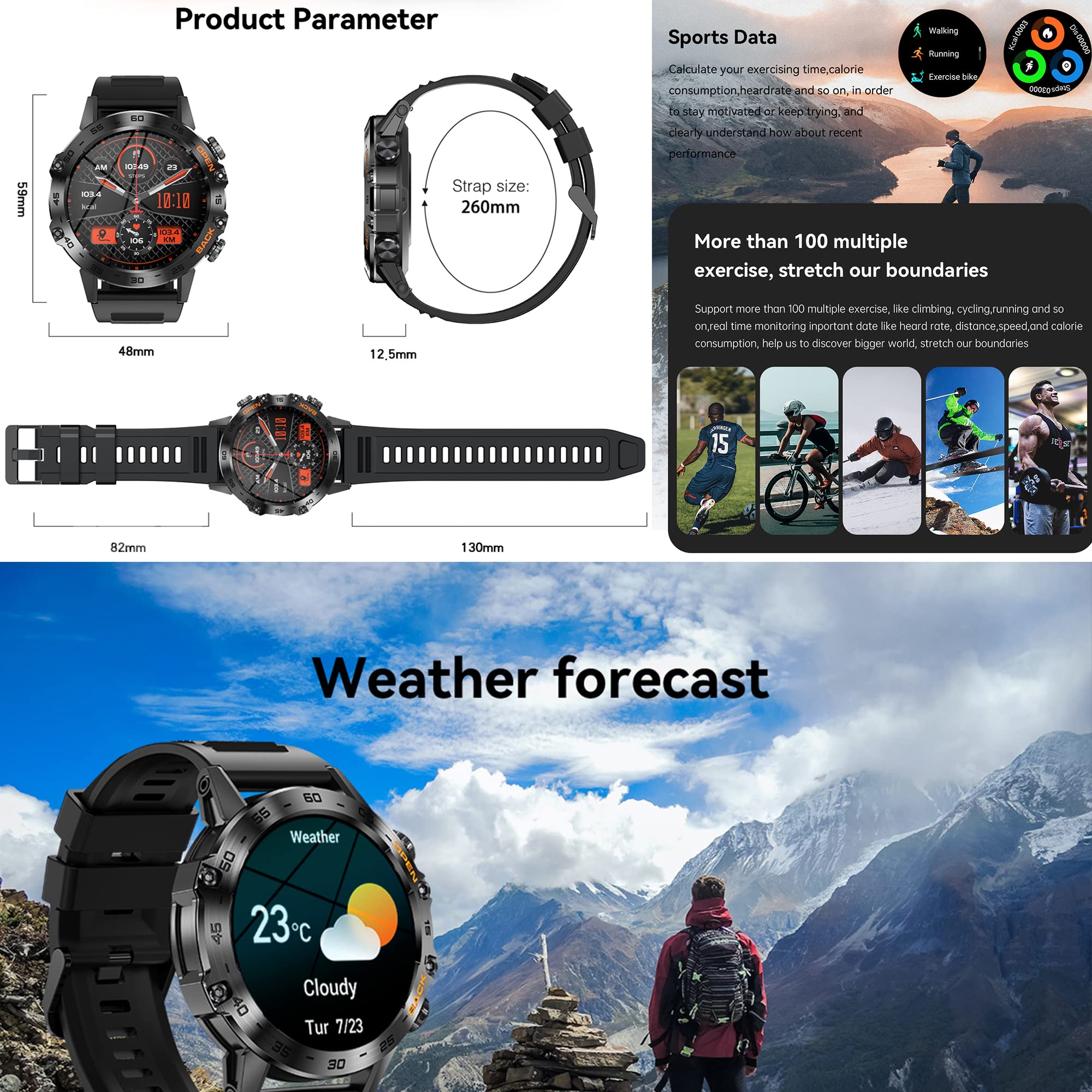 Smartwatch Herren mit Telefonfunktion,1,39”Touchscreen 5ATM Wasserdicht Sportuhr mit Blutdruckmessung, SpO2, 100+ Sportmodi, Outdoor Fitness Tracker Militär Uhr kompatibel mit iOS Android (Schwarz)