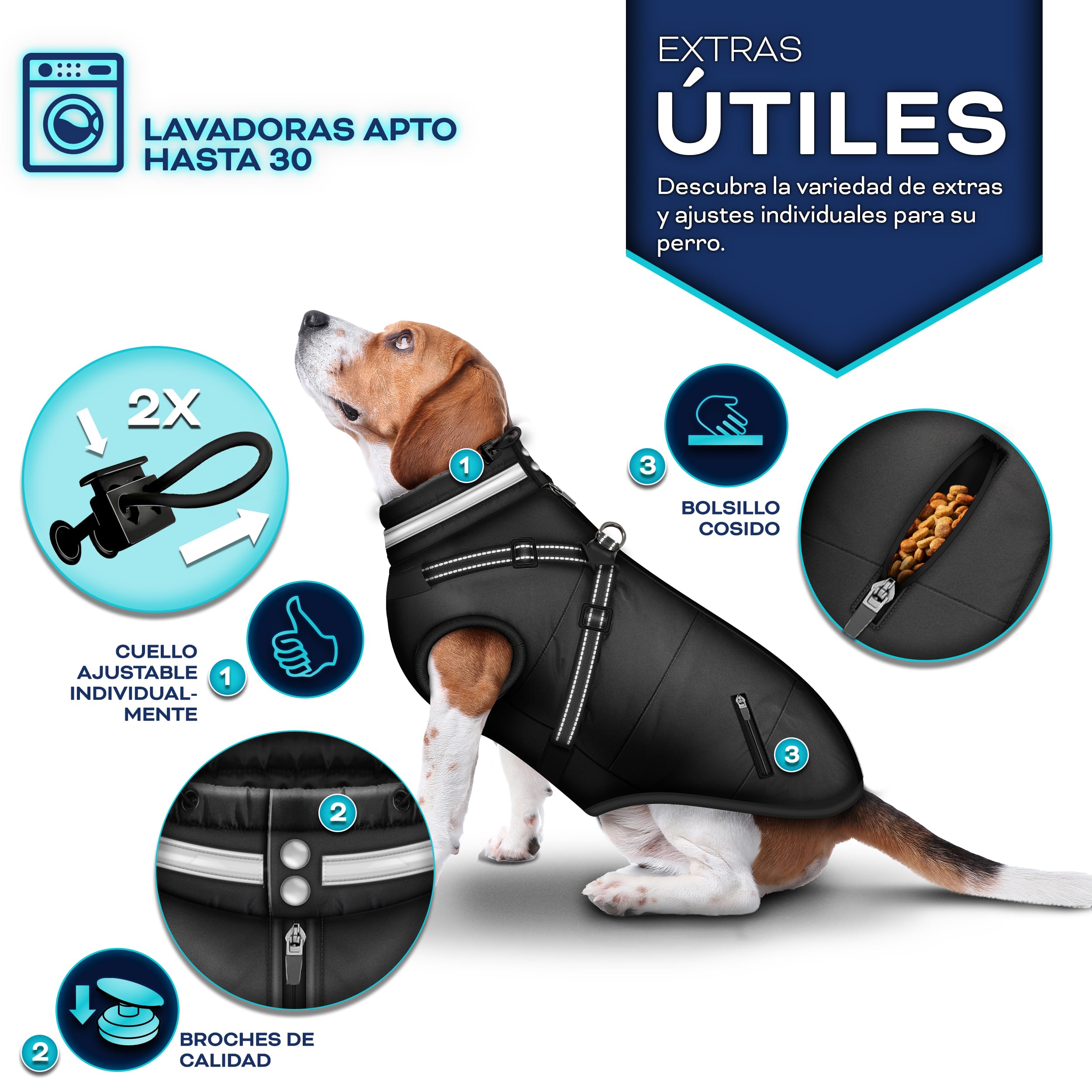 TRESKO® Chaqueta de invierno para perro con reflectores con 15 bolsas para excrementos + dispensador | Abrigo impermeable para perros | Abrigo para perros con arnés | Chaleco de invierno para perros pequeños, medianos y grandes