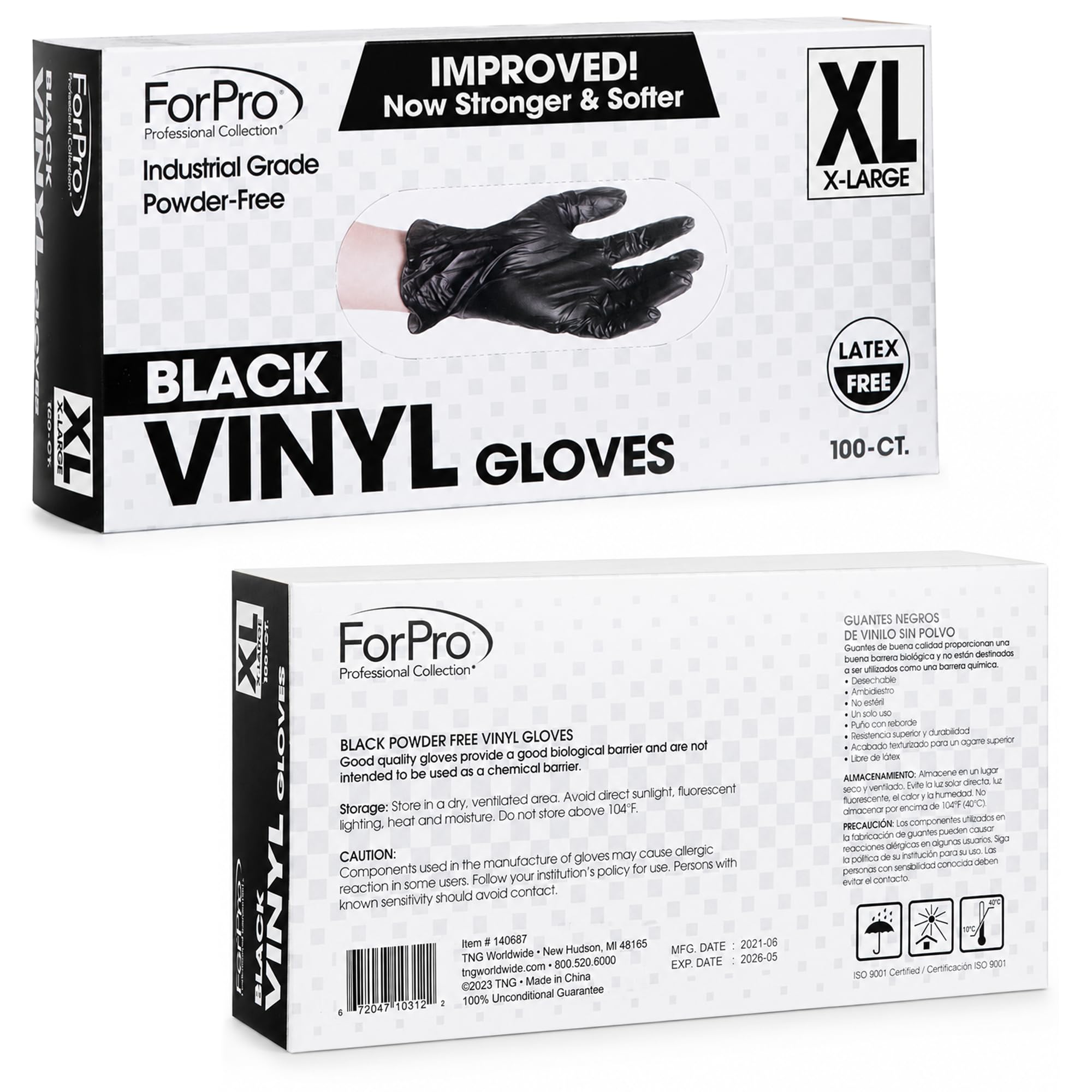 ForPro - Guantes de vinilo desechables, color negro, grado industrial, sin polvo, sin látex, no estériles, aptos para alimentos, 2.75 mil. Palma, 3.9 mil. dedos, XL, 100 unidades
