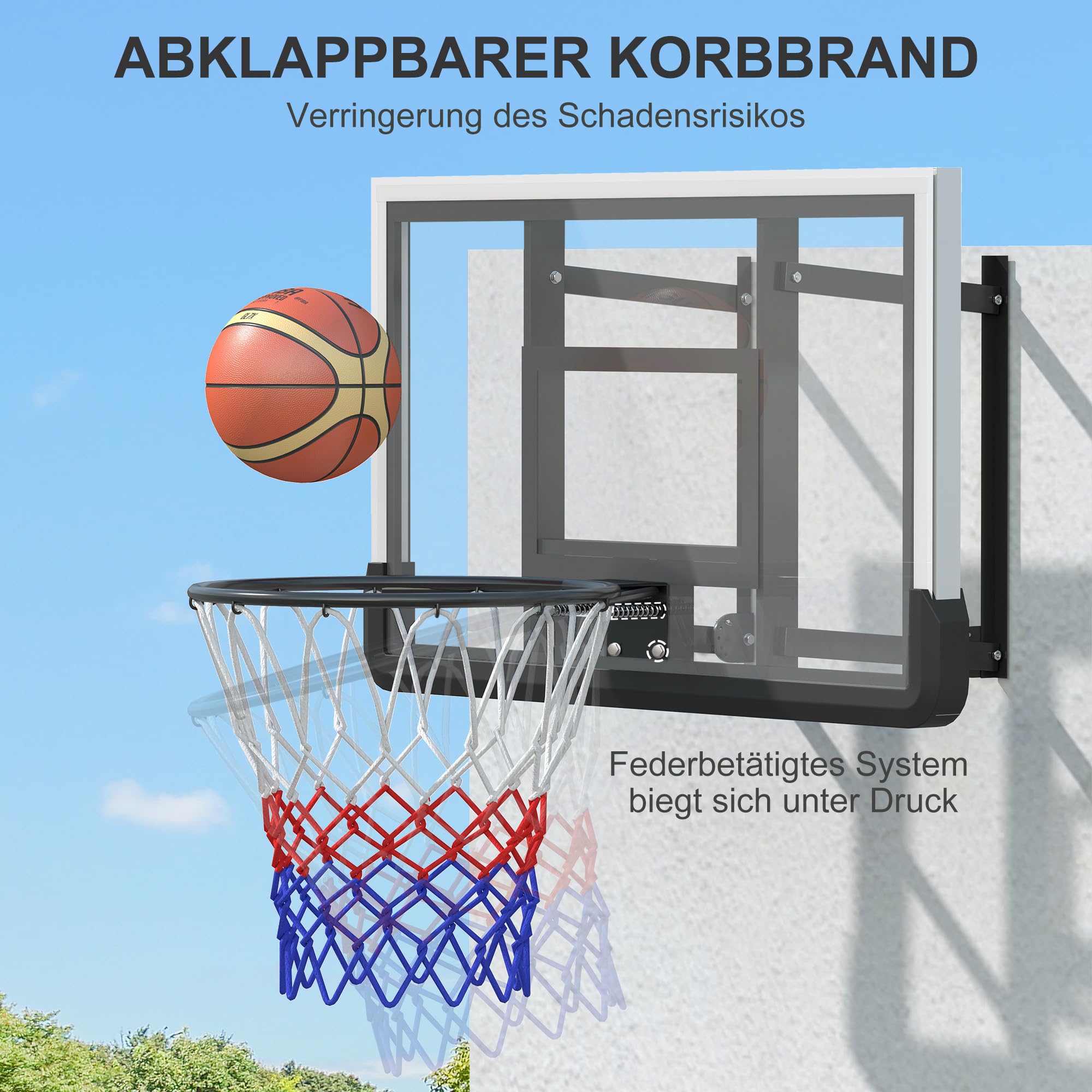 SPORTNOW canestro con tabellone per esterni e interni, tabellone da basket con canestro in acciaio Ø45 cm e rete, montaggio a parete, tabellone da basket per adulti, nero