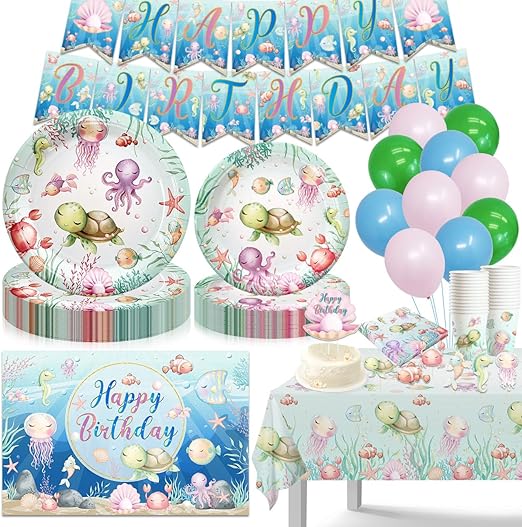 Under the Sea Party Decorations - Turtle Theme Birthday Plates, Napkins and Cups with Ocean Animals Backdrop, Balloons and Cake Toppers for Ocean Party Supplies