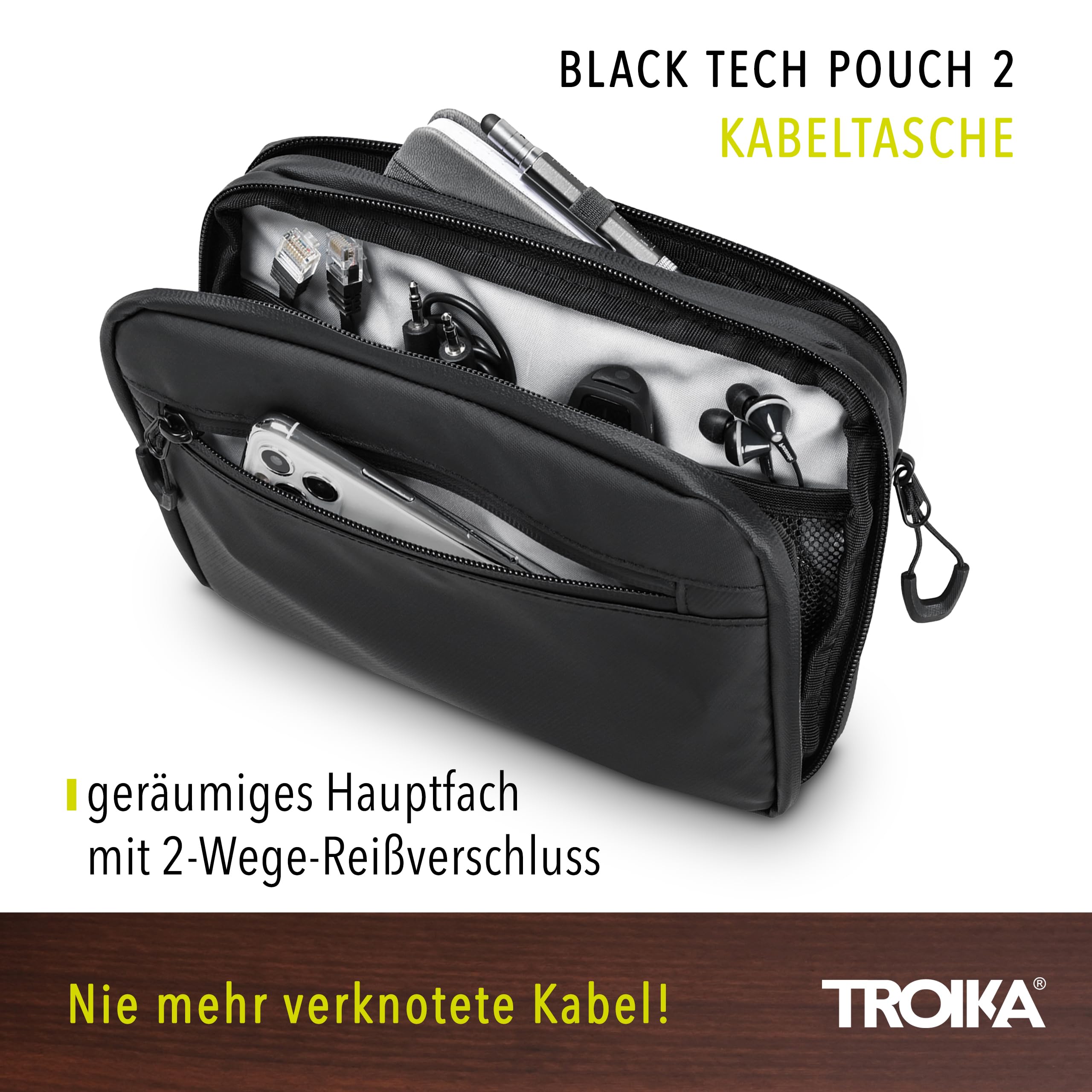 TROIKA Black Tech Pouch 2 - BBL64/BK - Bolsa organizadora de Cables para Accesorios electrónicos – 3 Compartimentos con Cremalleras hidrófugas, Tarpaulin (Iona) – Negro