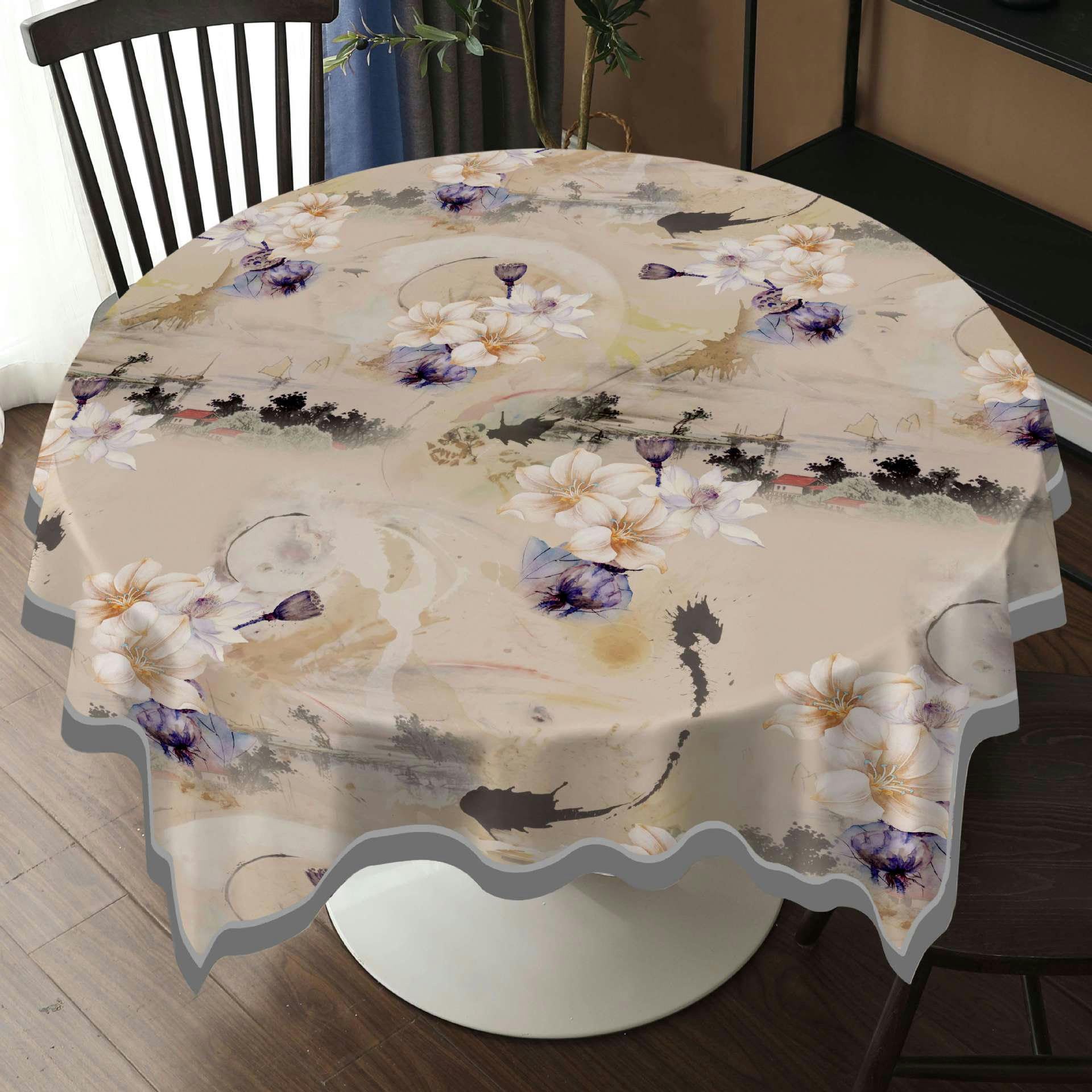 Nappe table ronde fleurie PVC beige finies les taches tenaces