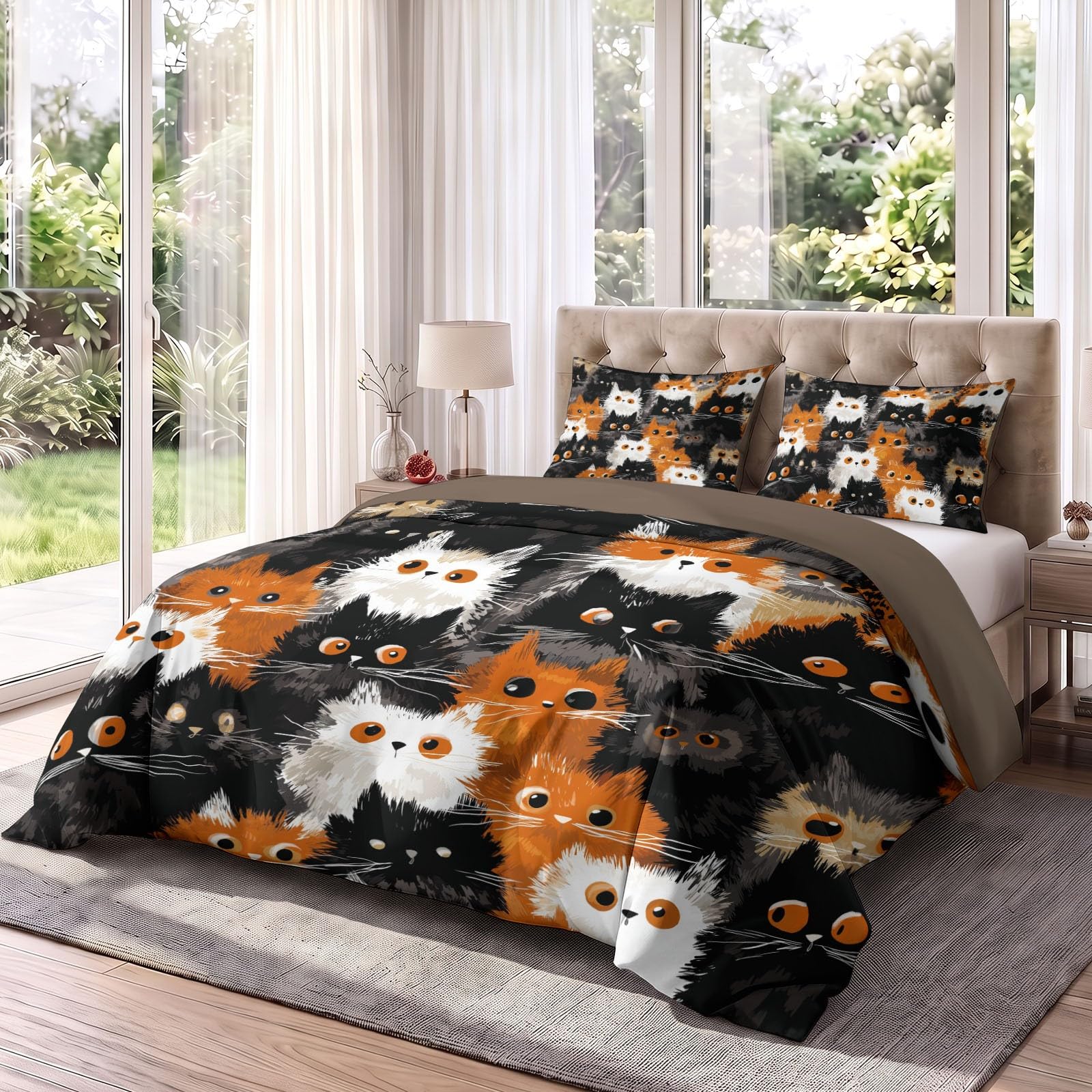 Générique Cartoon Cat Poszwa na kołdrę Cute Cartoon Animal Pościel Zestaw Pościeli Dzieci Dorośli 260 x 240 cm z miękką poszewką na poduszkę Dekoracja pokoju, Czarny Biały