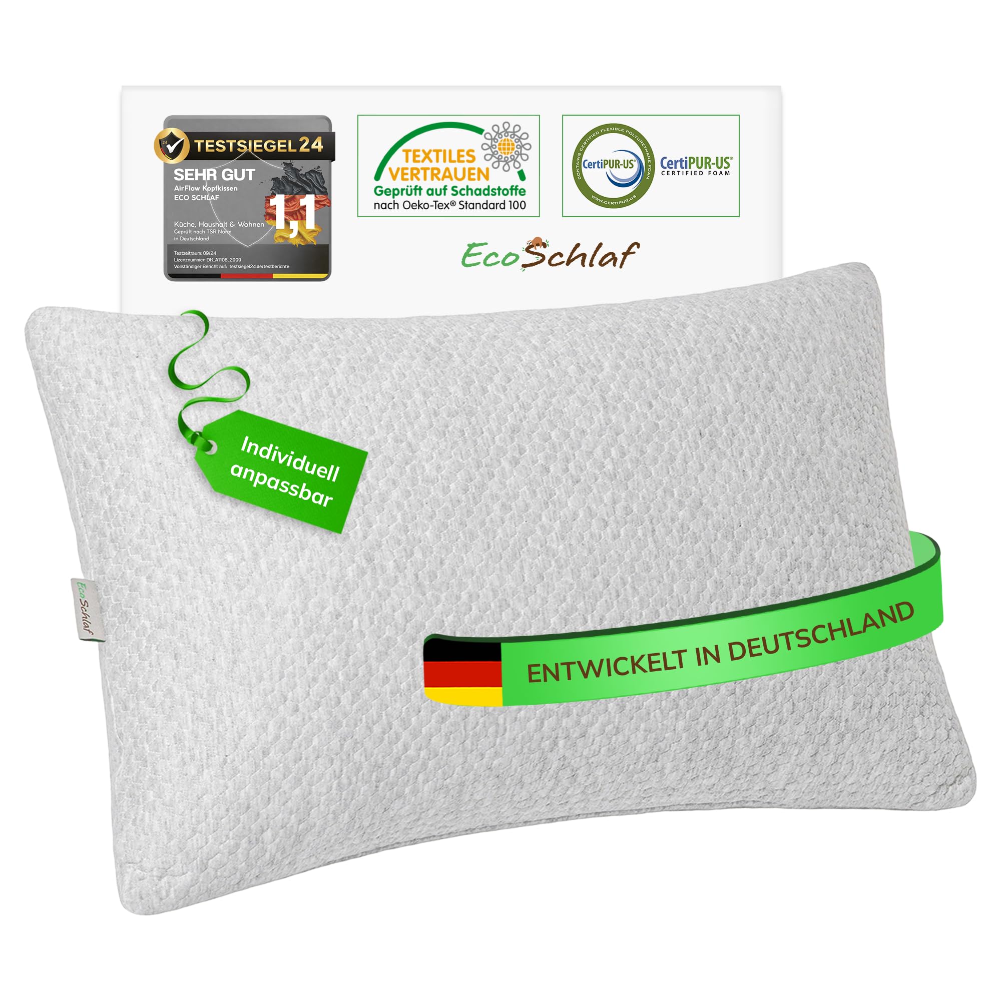 Airflow Ergonomisches Kopfkissen | Kissen aus Memory Foam (Grau) | Individuelles Seitenschläferkissen (für alle Schlaftypen) I Neck pillow gegen Nackenschmerzen I Orthopädisches Nackenkissen