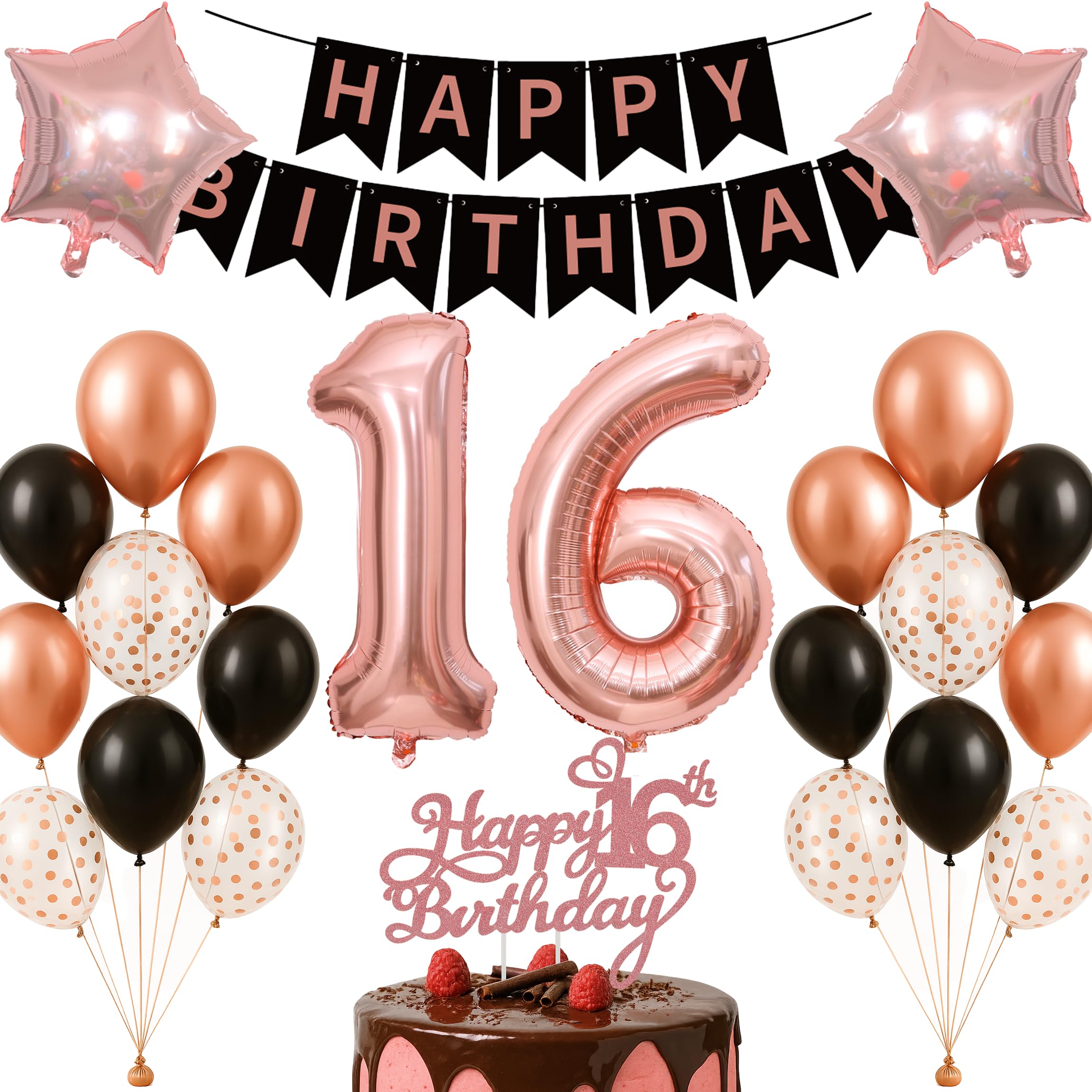 16th Birthday Decorations Set Rose Gold Black Theme Happy Birthday Banner Balloon Decor Photo Backdrop for Boys Girls Kids Turning 16 Age 16 Party Supplies Celebration Decor Event Bundle Bunting Set