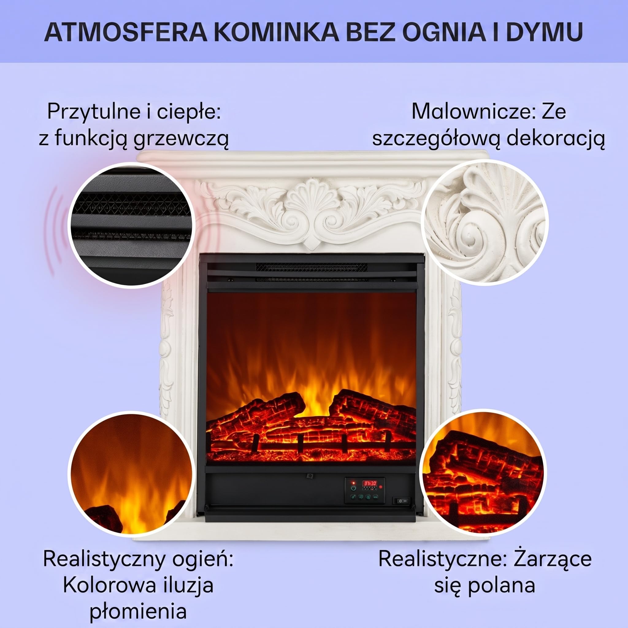 Klarstein Kominek dekoracyjny z płomieniami LED, Kominek elektryczny z ogrzewaniem, 1800W elektryczny, ścienny z pilotem i timerem, Kominki elektryczne z obudową z MDF