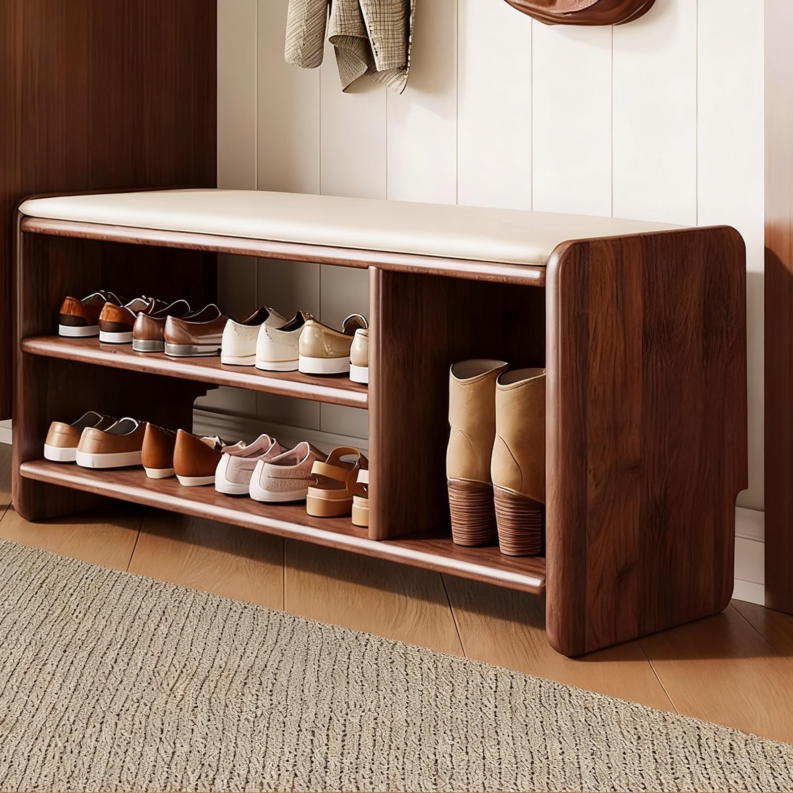 GDMDPTE Wooden Shoe Rack Entryway Upholstered Leather Bench Small Storage nizer for Living Rooms Bedrooms Dining Rooms and Hallways (Walnut 80cm/31in)