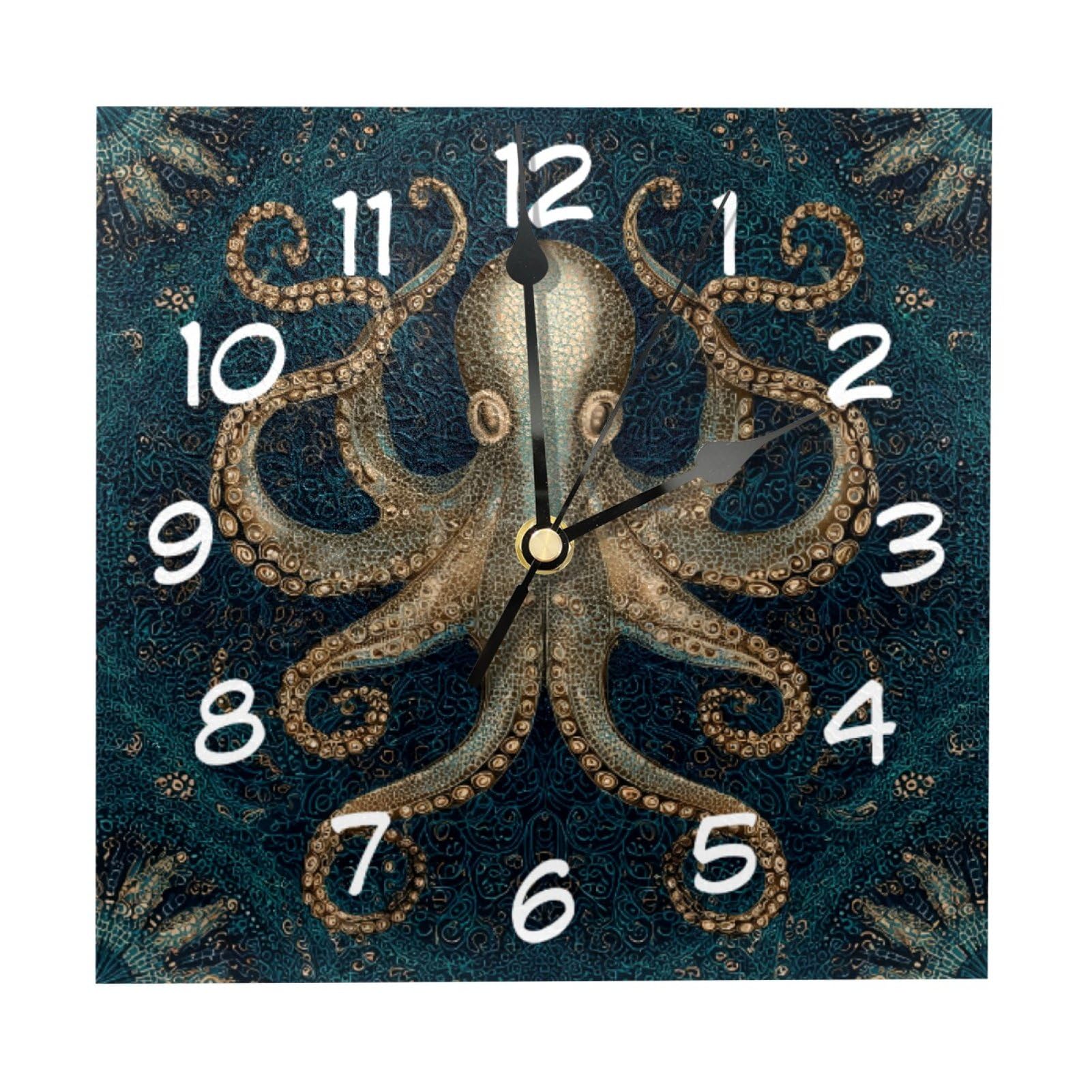 etoenbrc 8 Inch Square Wall Clock Silent Non-Ticking Octopus Gold Clock Battery Operated, Wooden Clock Decorative for Kitchen, Living Room Bedroom Office