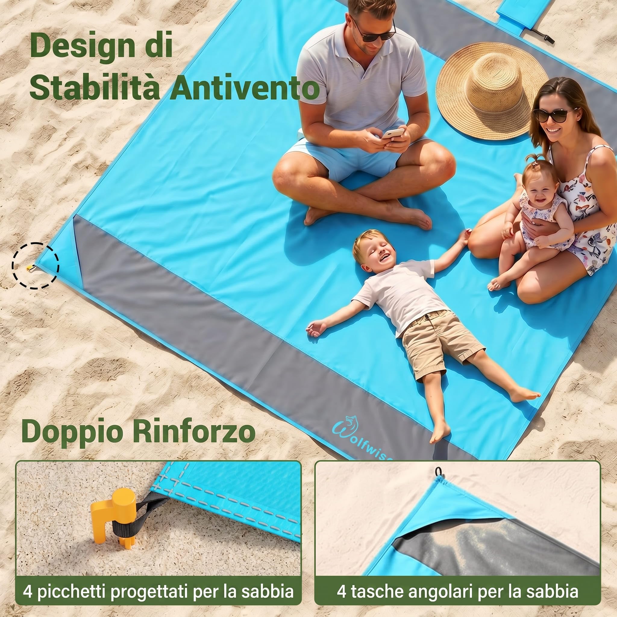 WolfWise Telo da Mare Impermeabile Antisabbia 198x205cm Blu