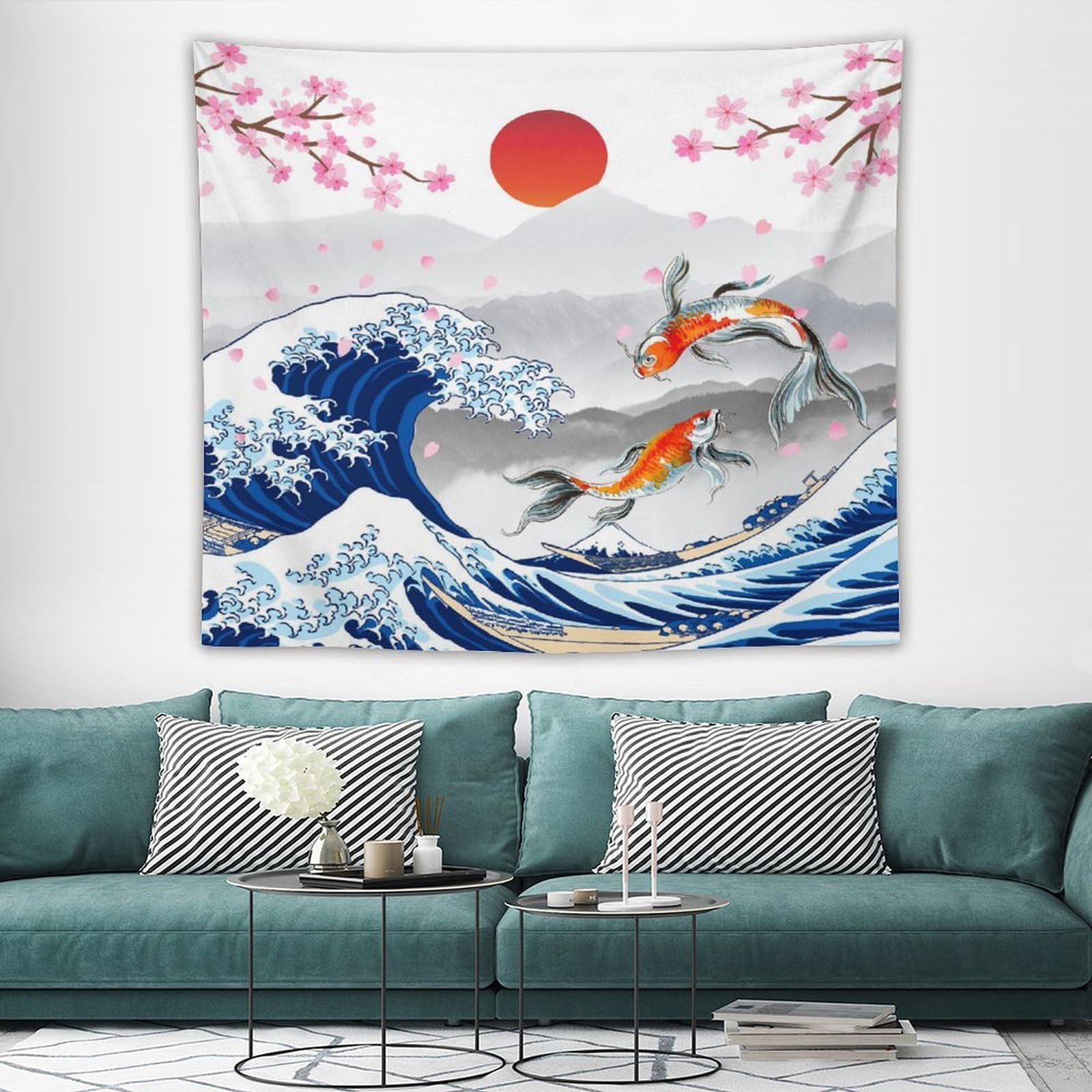 NYMB - Tapiz De Anime Japonés, Blanco Y Negro, Yin Yang Koi, Para Recámara, Estético, Diseño De Flores De Cerezo Asiático, Diseño De Onda, Decoración Del Hogar, 60 X 40 Pulgadas