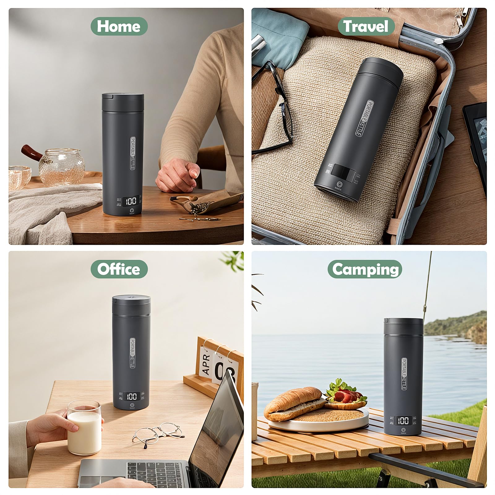 Bouilloire électrique portable de voyage, 450 ml, avec 4 régulateurs de température, arrêt automatique et protection à sec, en acier inoxydable 316, 4 régulateurs de température (Gris)