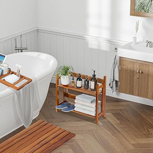 Miniatura 6 de VaeFae Estantes flotantes de madera de teca para baño, soporte de pared plegable de madera, 2 estantes