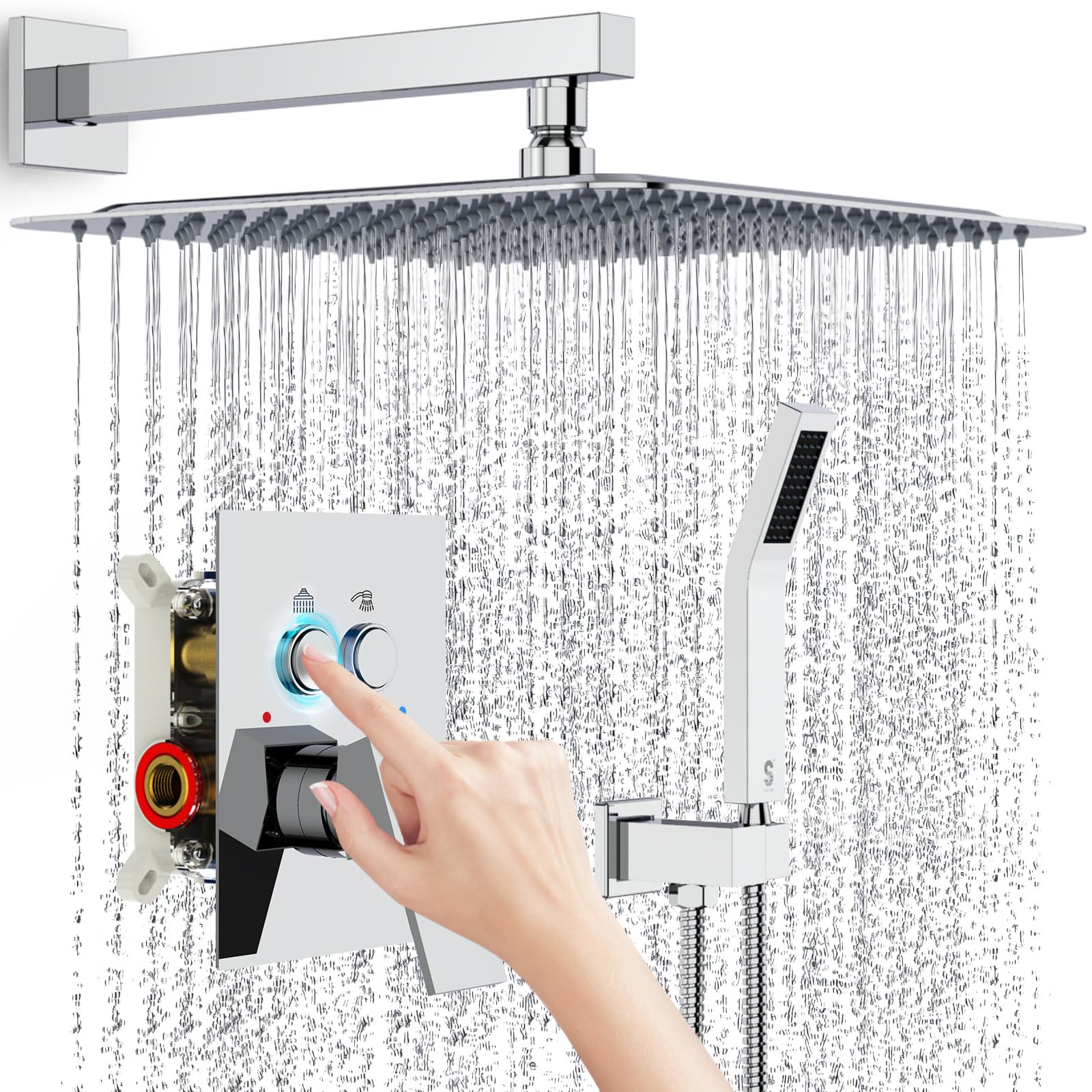 SR Sun Rise Shower System with Push Button Diverter Bathroom Luxury 12 Inch Rain Shower Head with Handheld Spray, High Pressure Shower Faucet Combo Set with Rough-in Valve & Trims, Polished Chrome