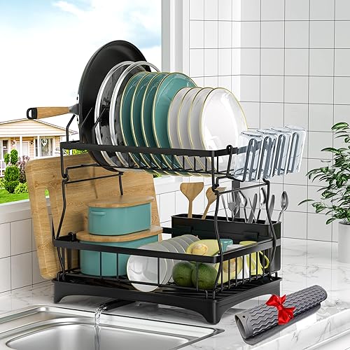 Vasysvi Escurridor de platos con escurridor para encimera de cocina juego de escurridor de platos de 2 niveles con soporte para utensilios estante