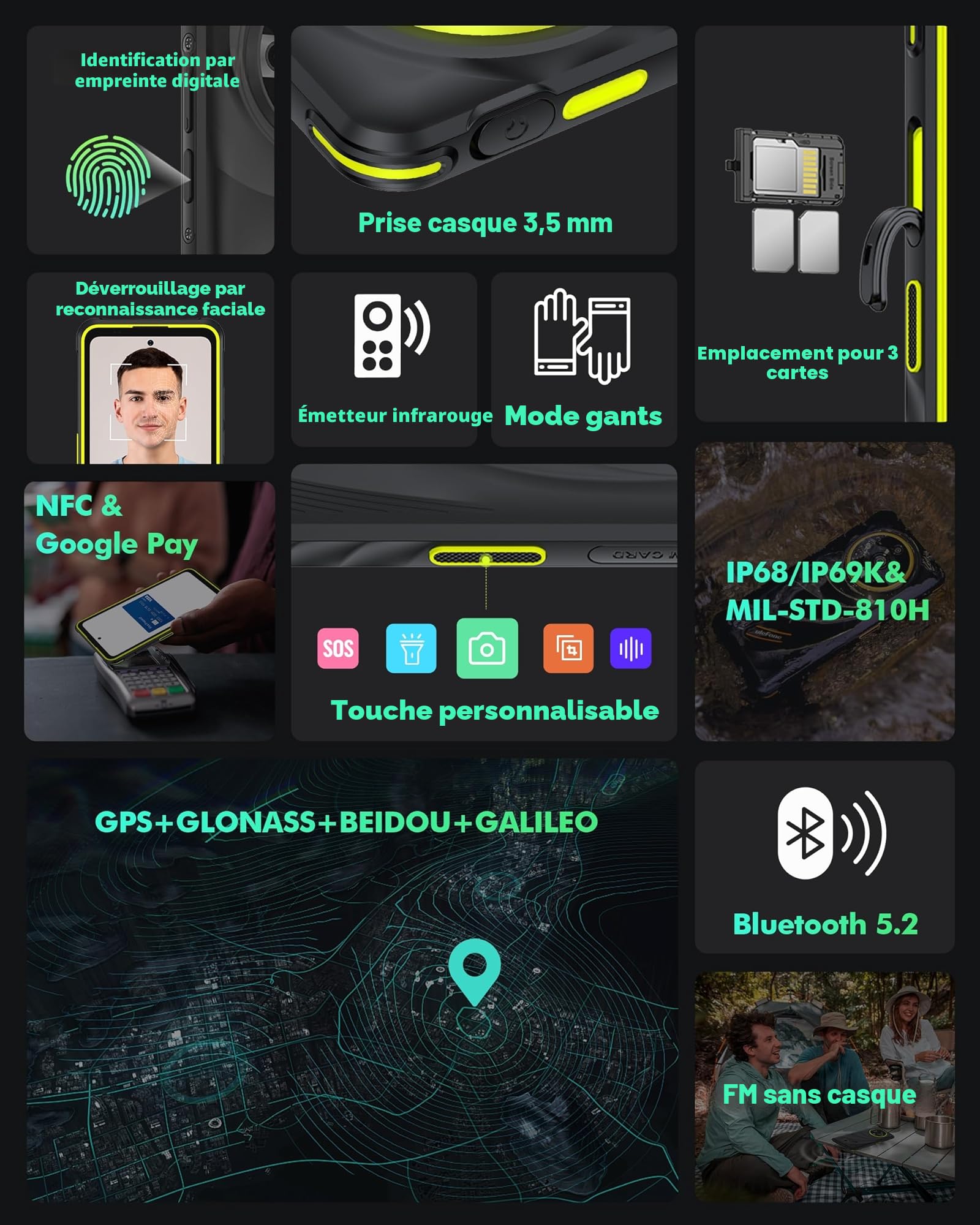 Ulefone Armor X31 Pro Téléphone Portable Incassable 5G, 6050mAh Batterie Smartphone 16Go+256Go/SD-2TB Android 14 Caméra 64MP+25MP, 6,56" 120Hz 3-Slots/Flashlight/Face ID/Fingerprint/GPS/OTG/NFC Noir