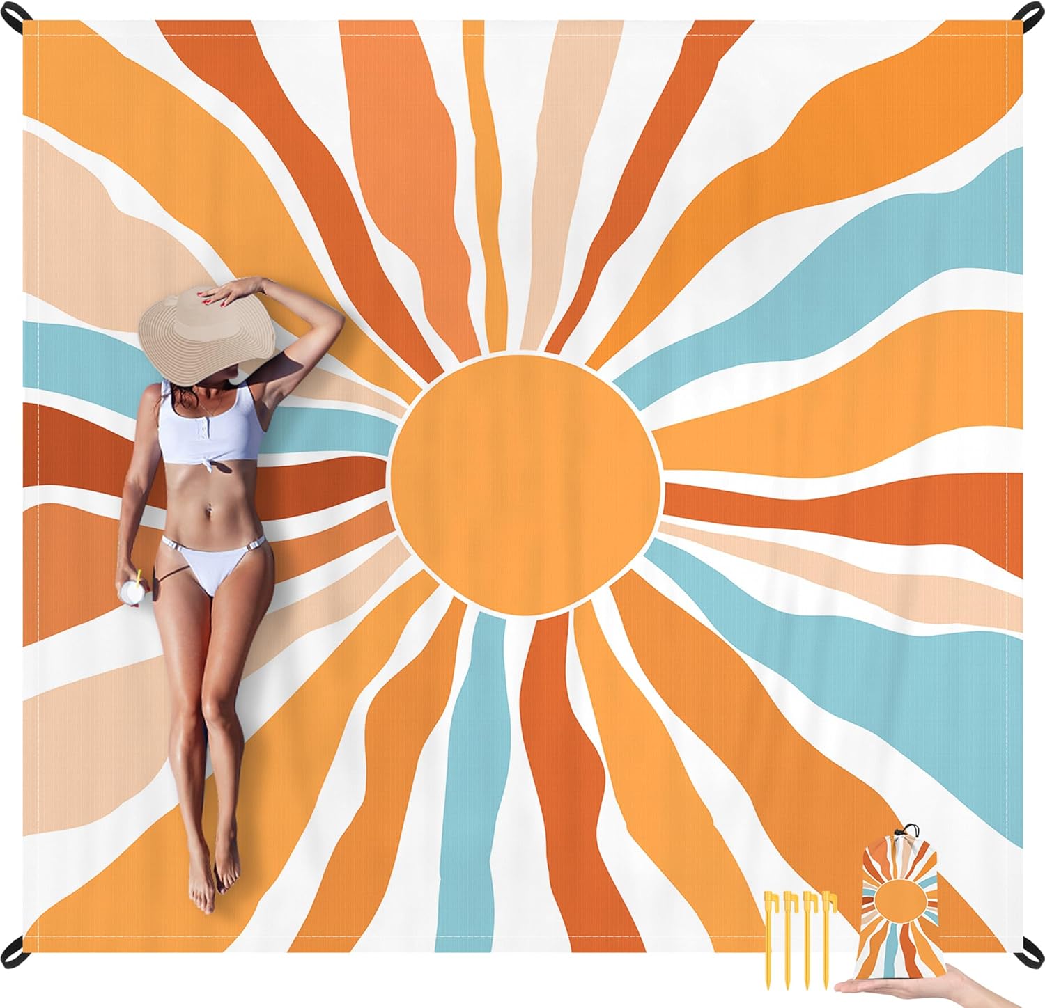 Beach Blanket Waterproof Sandproof, Large Picnic Blankets with Stakes and Storage Bag, Lightweight Quick Drying, Compact Beach Mat Vacation Essentials for Outdoors, Camping, Trips-Summer Sunshine Beach Blanket Waterproof Sandproof, Large Picnic Blankets with Stakes and Storage Bag, Lightweight Quick Drying, Compact Beach Mat Vacation Essentials for Outdoors, Camping, Trips-Summer Sunshine