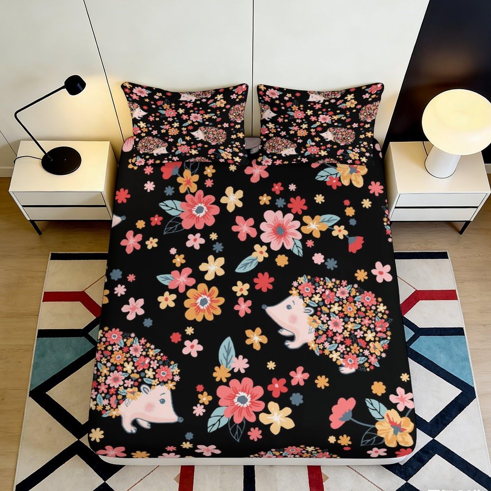 3D Printed Floral Hedgehog Fitted Sheet Microfiber Soft Breathable Animal Bed Cover for Bedroom Guest Room Decor 90x200x25cm