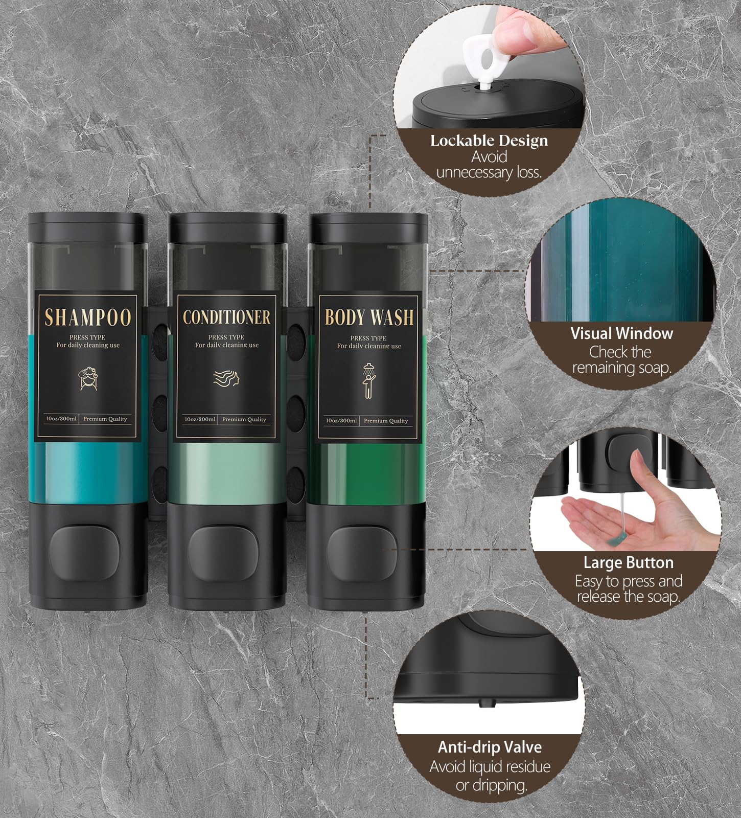 Luxspire Dispenser per Shampoo, Dispenser per Sapone da Doccia 3 Scomparti | Distributore da Parete con Serratura, Grande Capacità 900 ml, Senza Foratura, per Shampoo e Bagnoschiuma, per Bagno, Hotel