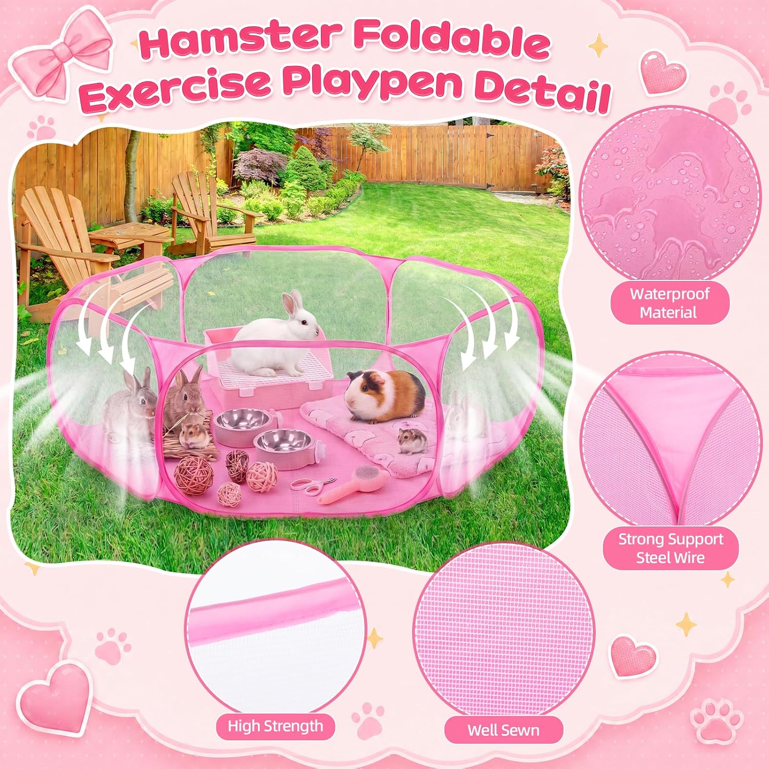 12 Pcs Rabbit Starter Kit, Foldable Animals Playpen with Pad Rabbit Litter Box Bowl Blankets Bunny Toys and Animal Grooming Kit for Outdoor Indoor Guinea Pig Bunny Accessories(Pink)