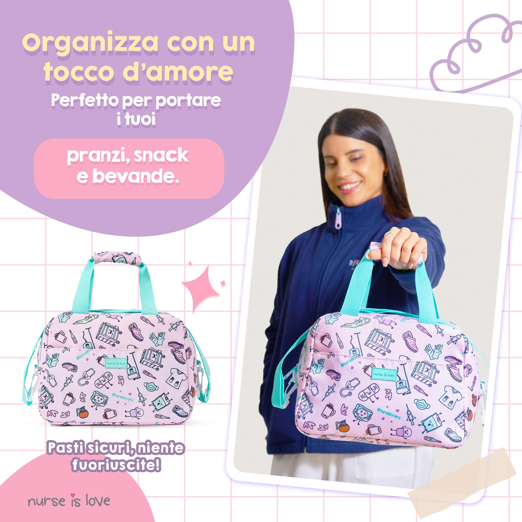 Nurse is Love Borsa Termica Porta Pranzo per Infermiere, Borsa Frigo Piccola Pranzo Ufficio con Scomparti + Tracolla Regolabile. Compatibile con Portavivande | Infermiere Accessori, Organizer