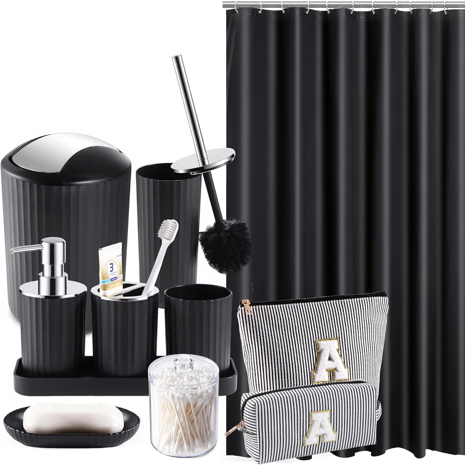 Bathroom Accessories Set, 11PCS Black Bathroom Accessory Set with Shower Curtain, Trash Can, Makeup Bag, Soap Dispenser and Dish, Toilet Brush, Toothbrush Holder, Tumbler Cup, Q-tip Holders for Decor