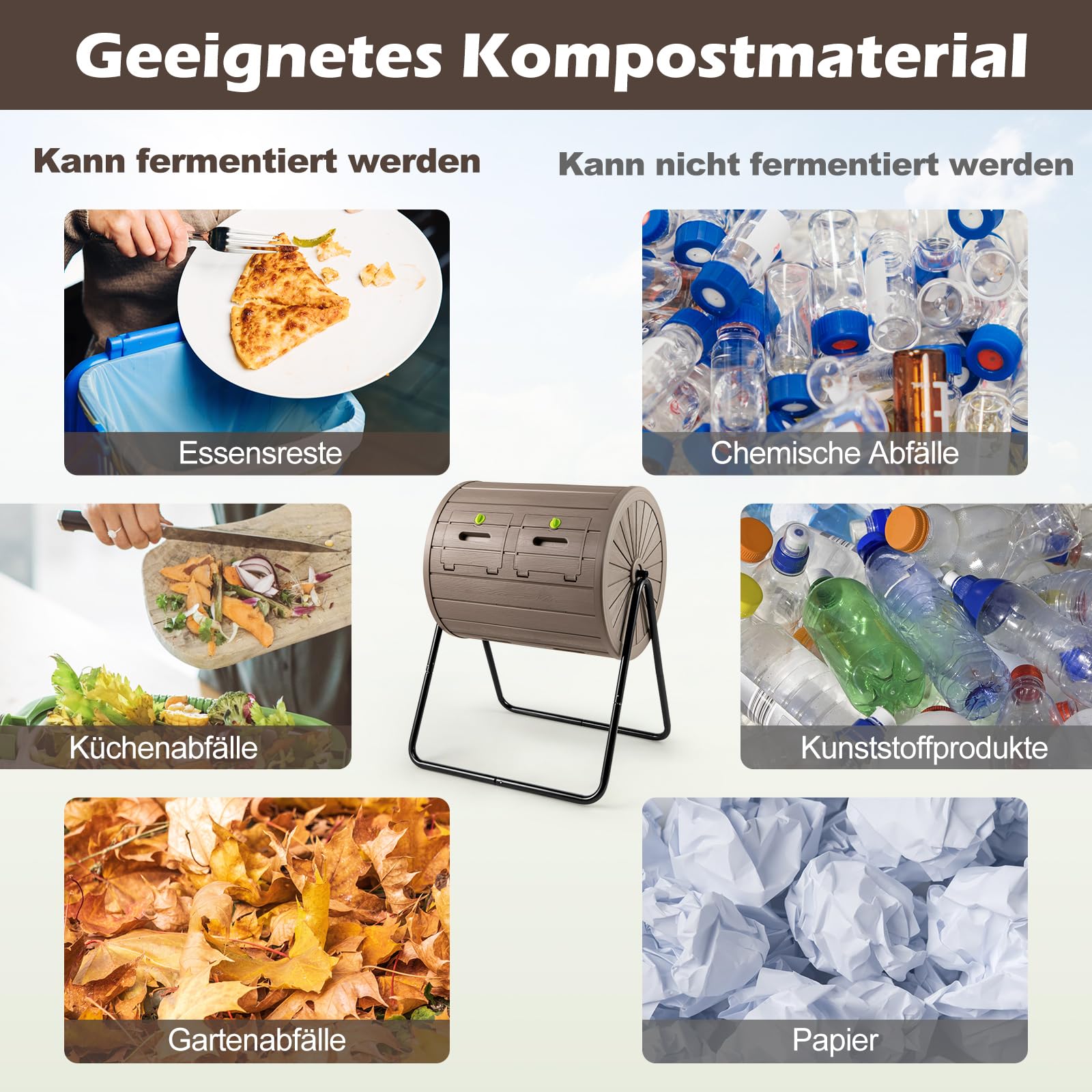 COSTWAY 142L Trommel-Komposter, Gartenkomposter Doppelkammer, 360° drehbar, Kompostschleuder mit 2 abschließbare Türen, Schnellkomposter aus PP & Metall, für Garten Balkon, 70x63x92cm (Kaffee)