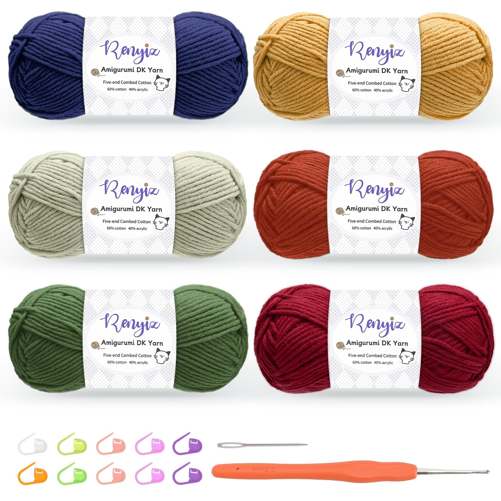 Renyiz Crochet Yarn, 6 x 50g Cotton Yarn (60% Cotton & 40% Acrylic) DK Wool for Crochet with 2.5mm Hook & Accessories, Suitable for Baby Wool Crafts & Knitting Red — image 1
