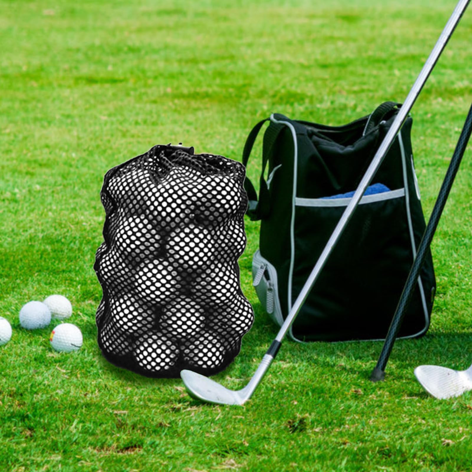 Netztasche für Golfbälle, groß, mit Kordelzug, mit Nylonseil, Kordelverschluss, Ballsammlerzubehör für Golfball, Tennis, Golfplätze, Shcool, Training, Schwarz , Modern und einfach